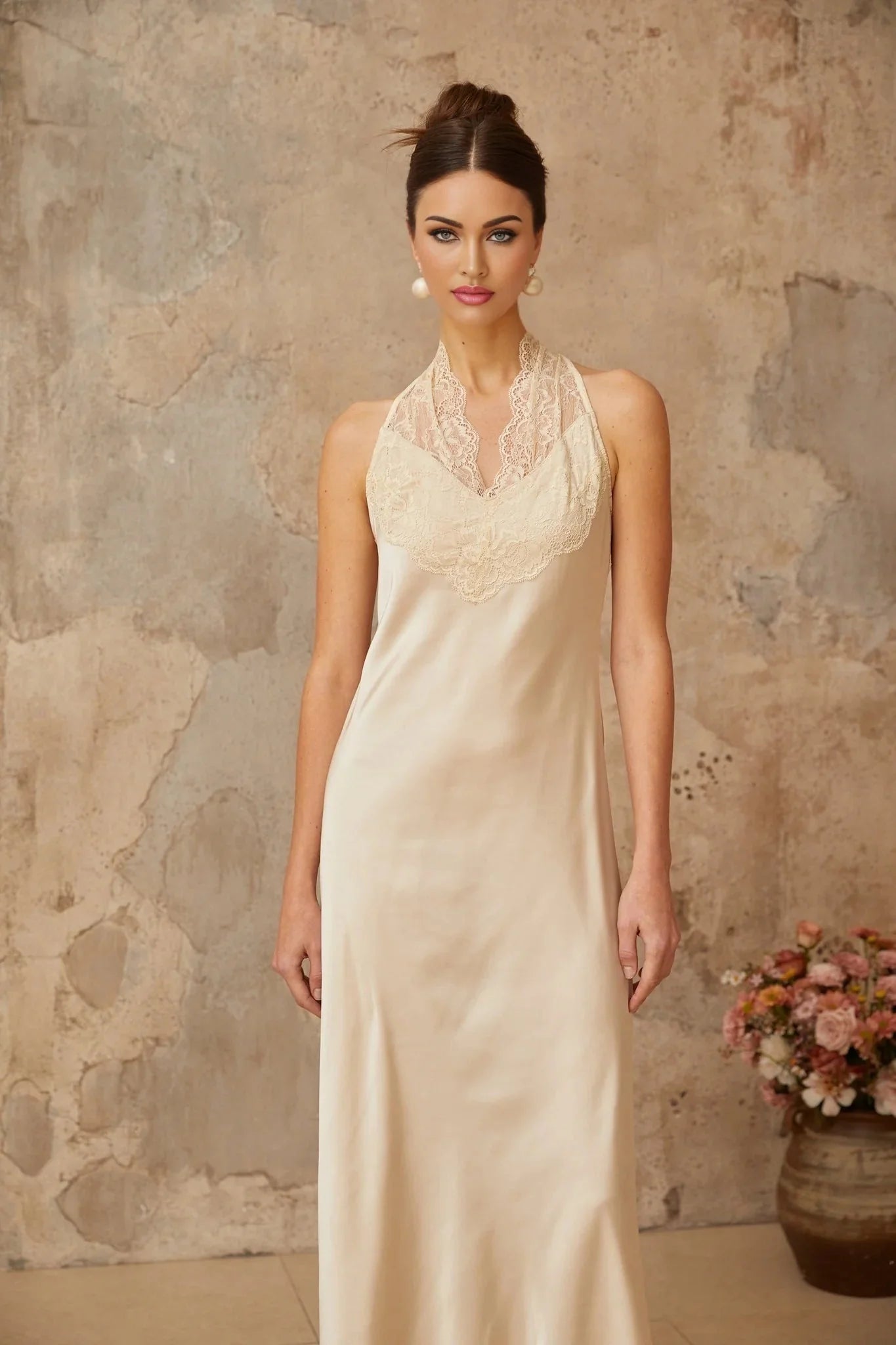 Macy Maxi Dress White Lace Trim Satin Elegant Silhouette Button Fastening