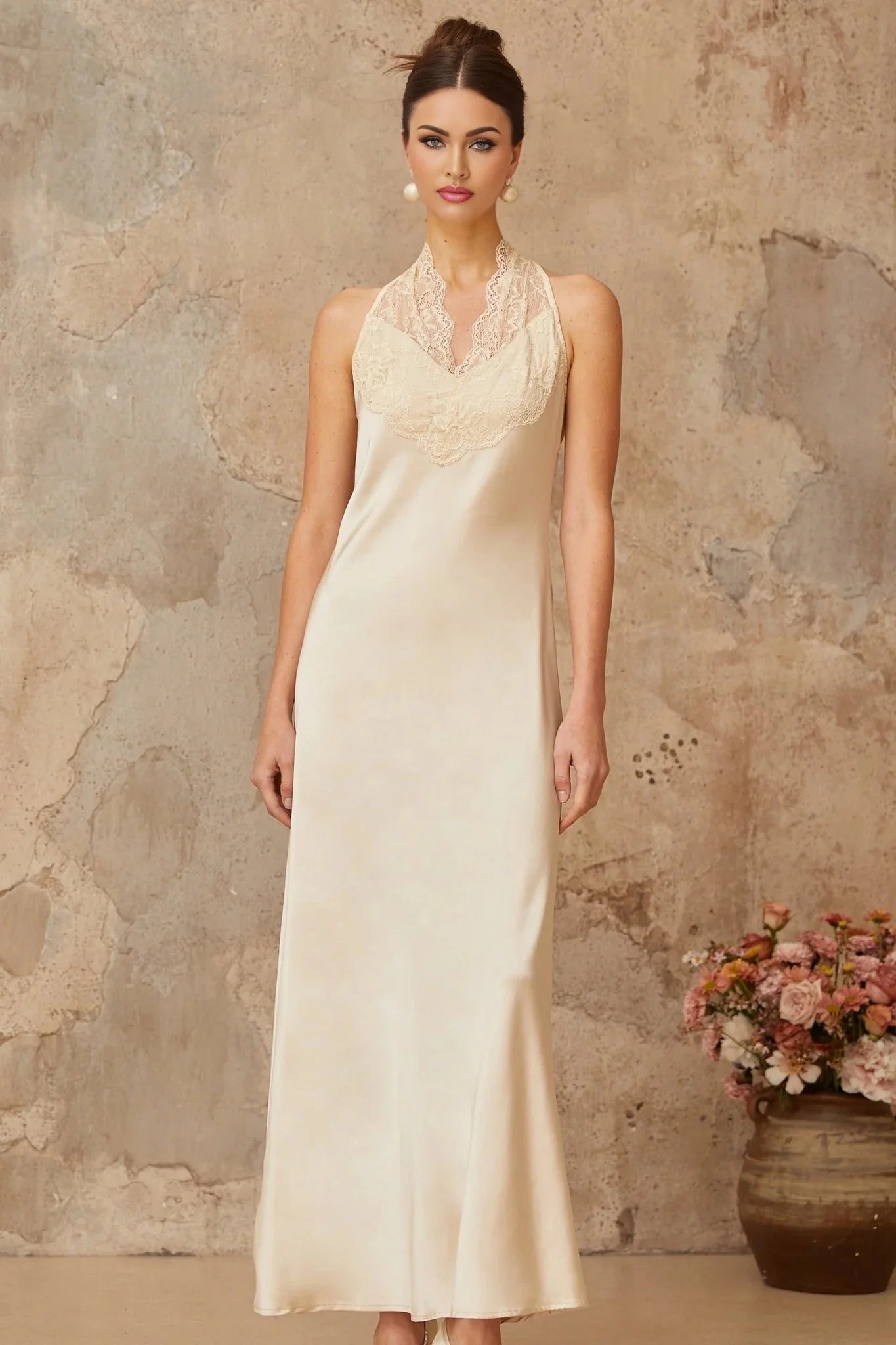 Macy Maxi Dress White Lace Trim Satin Elegant Silhouette Button Fastening