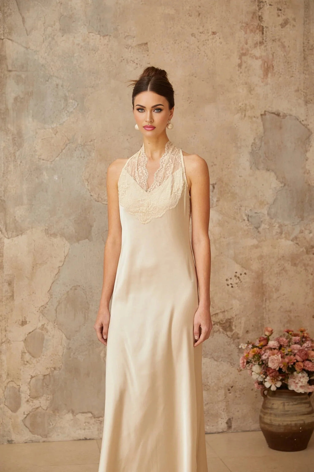Macy Maxi Dress White Lace Trim Satin Elegant Silhouette Button Fastening