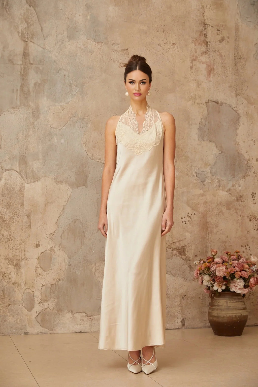 Macy Maxi Dress White Lace Trim Satin Elegant Silhouette Button Fastening