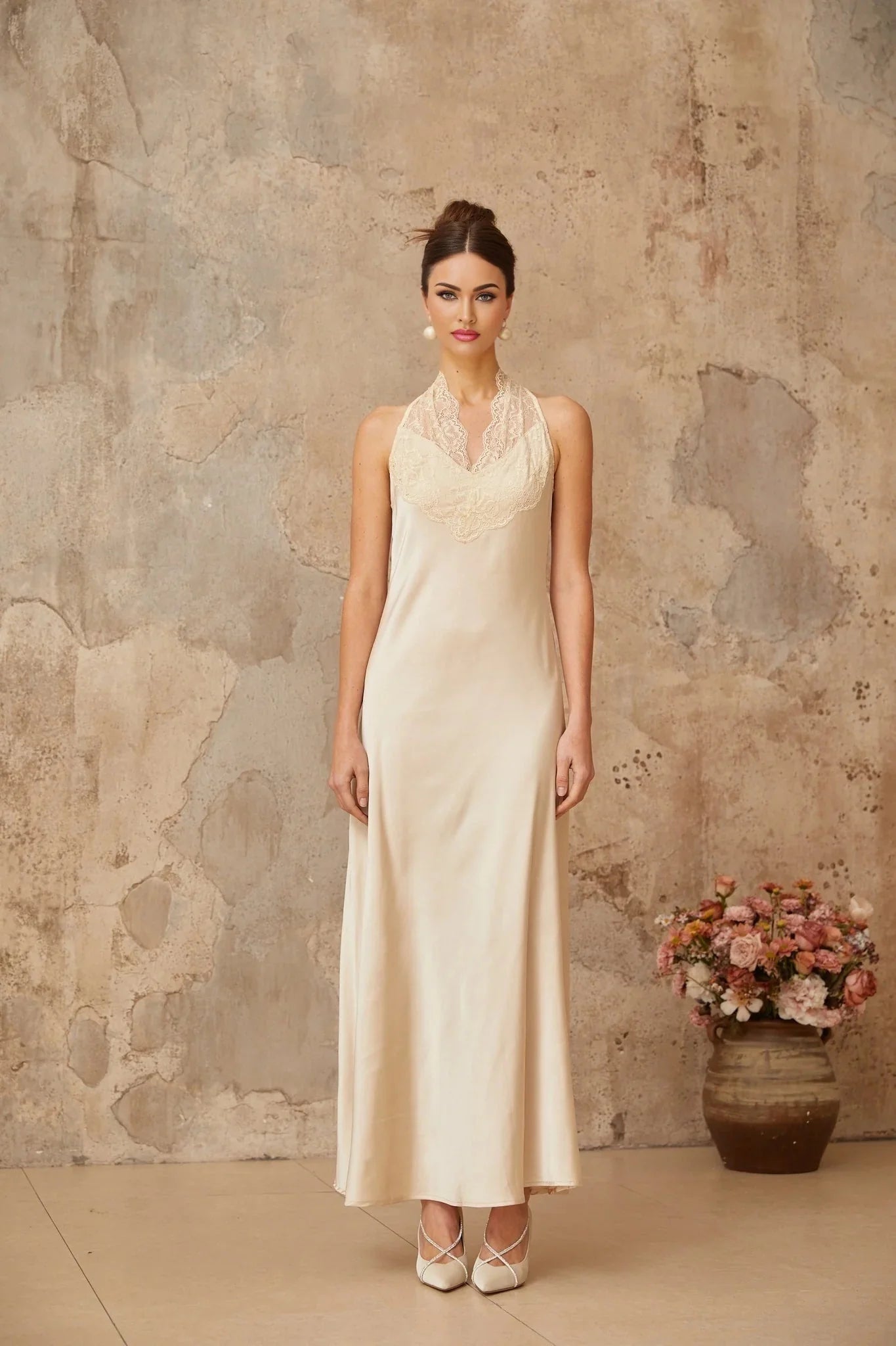 Macy Maxi Dress White Lace Trim Satin Elegant Silhouette Button Fastening