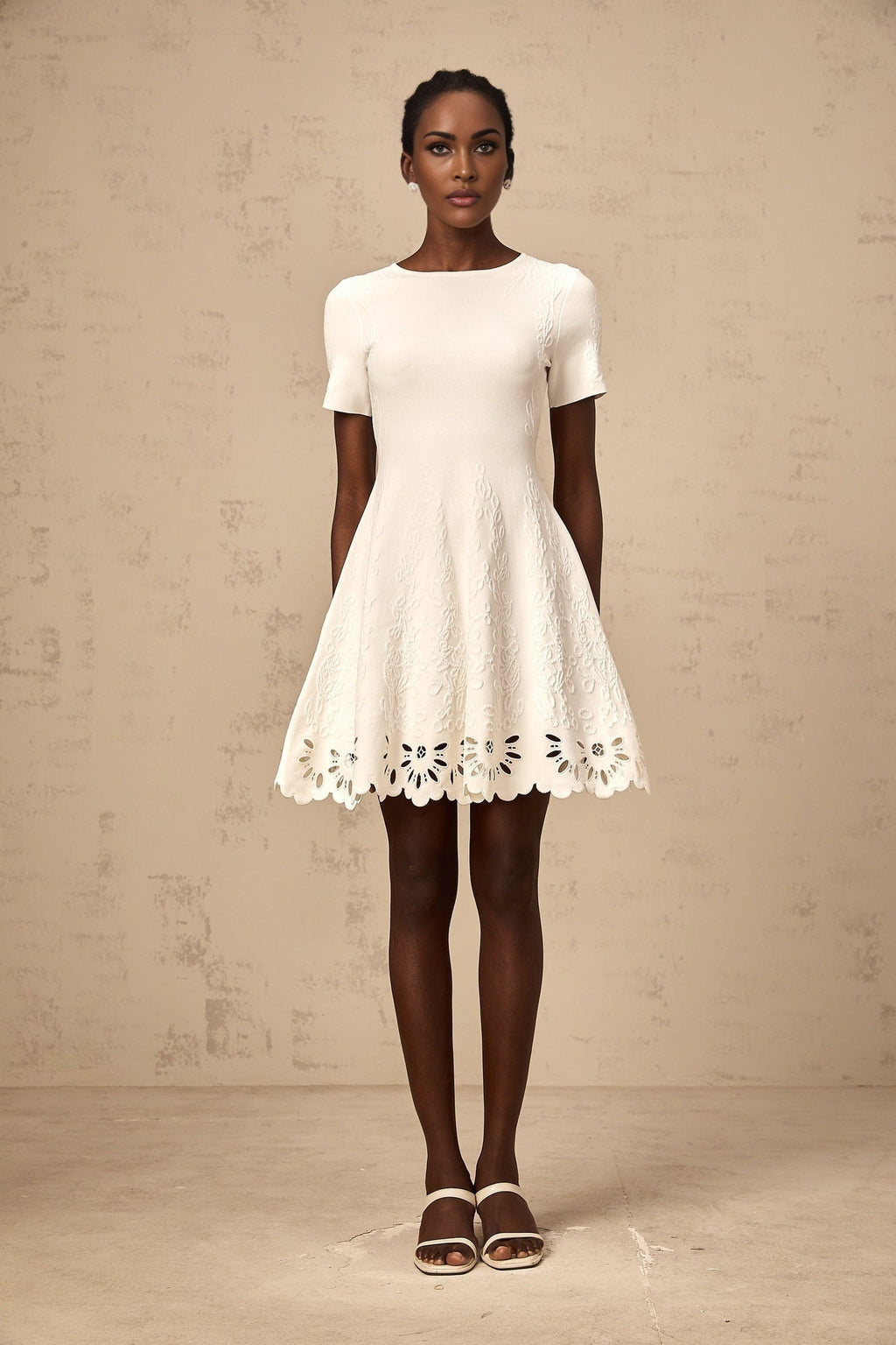 Macy Mini Dress Jacquard Cut Out Scallop Hem White