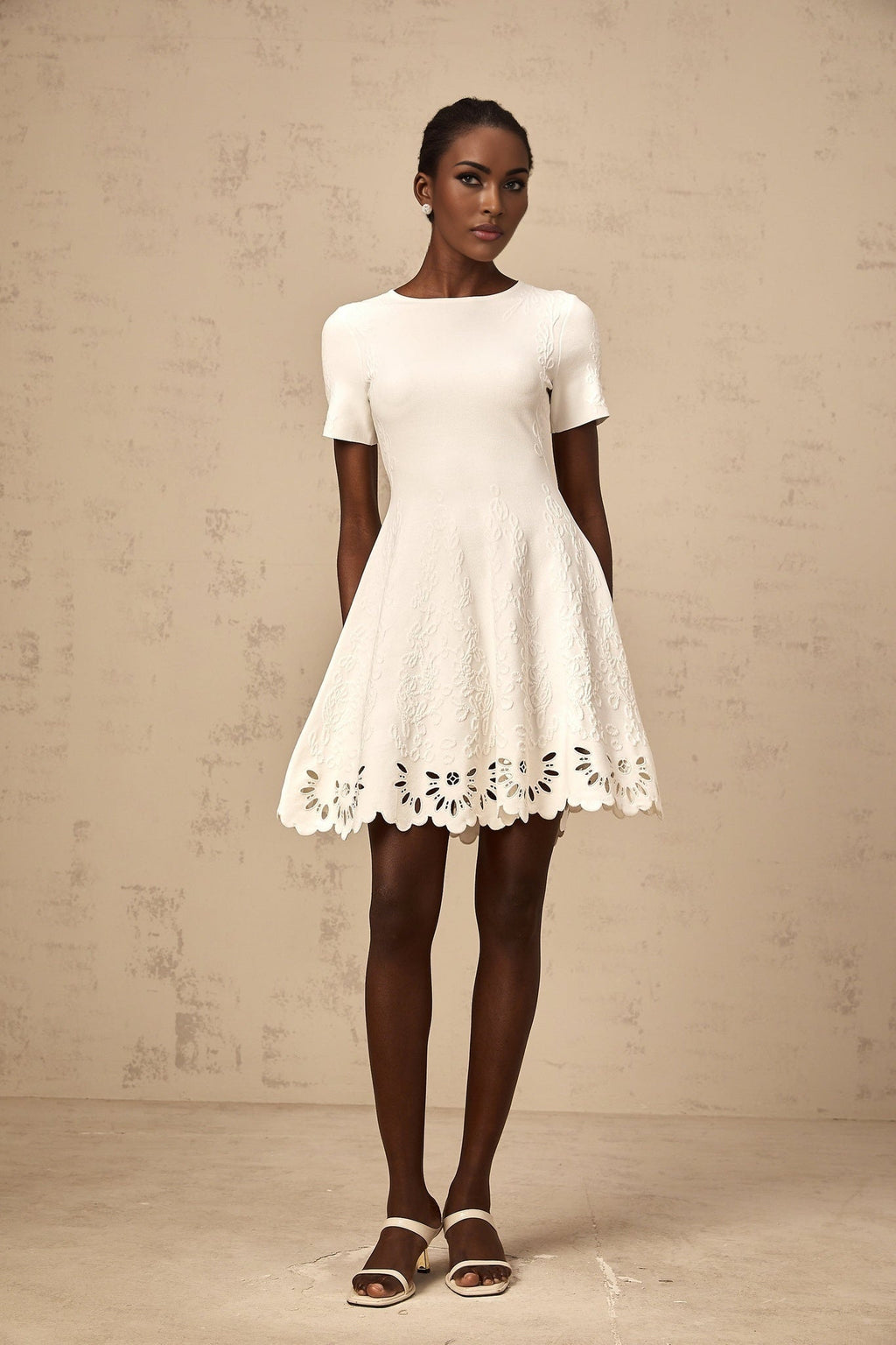 Macy Mini Dress Jacquard Cut Out Scallop Hem White