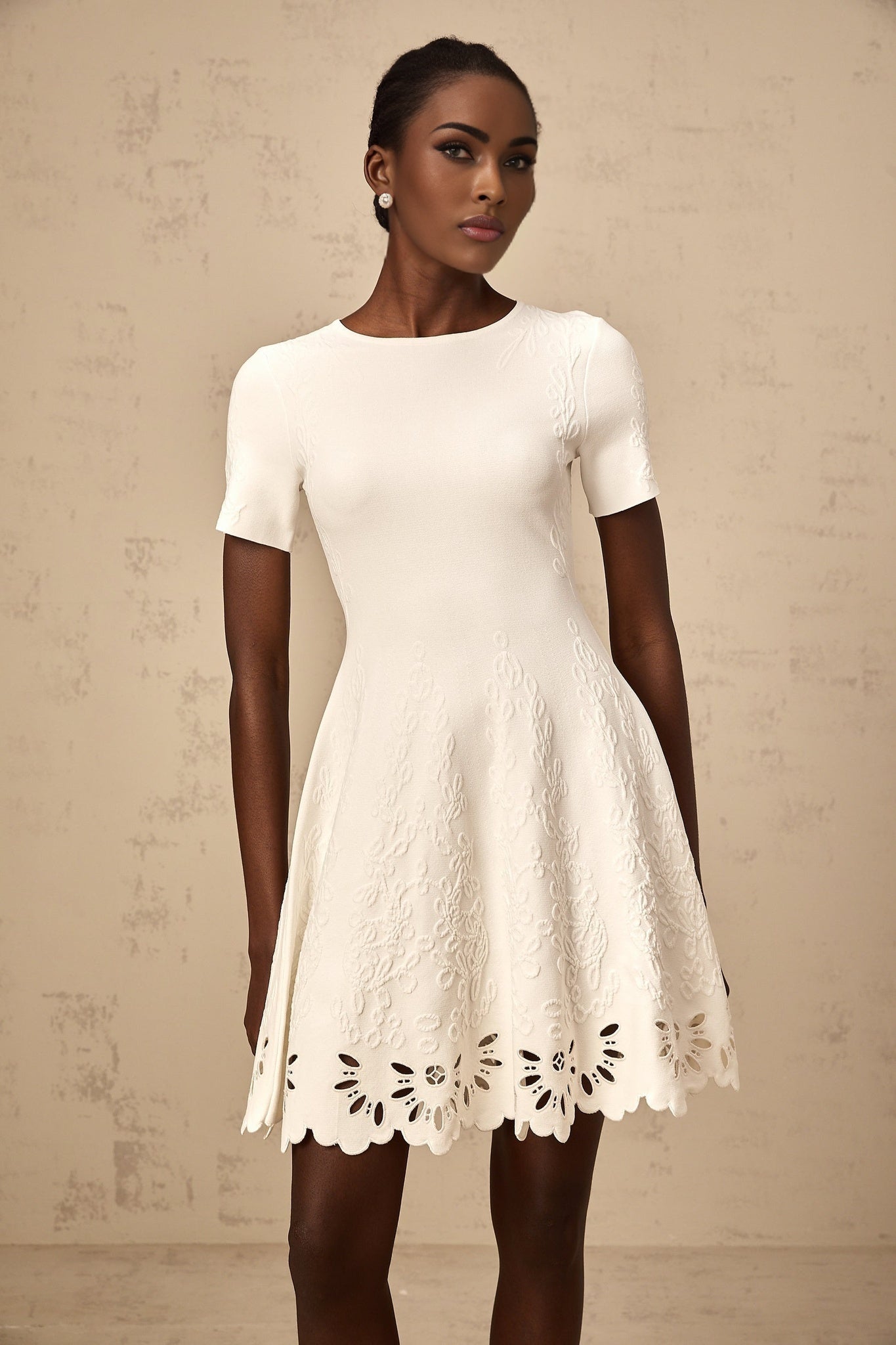 Macy Mini Dress Jacquard Cut Out Scallop Hem White