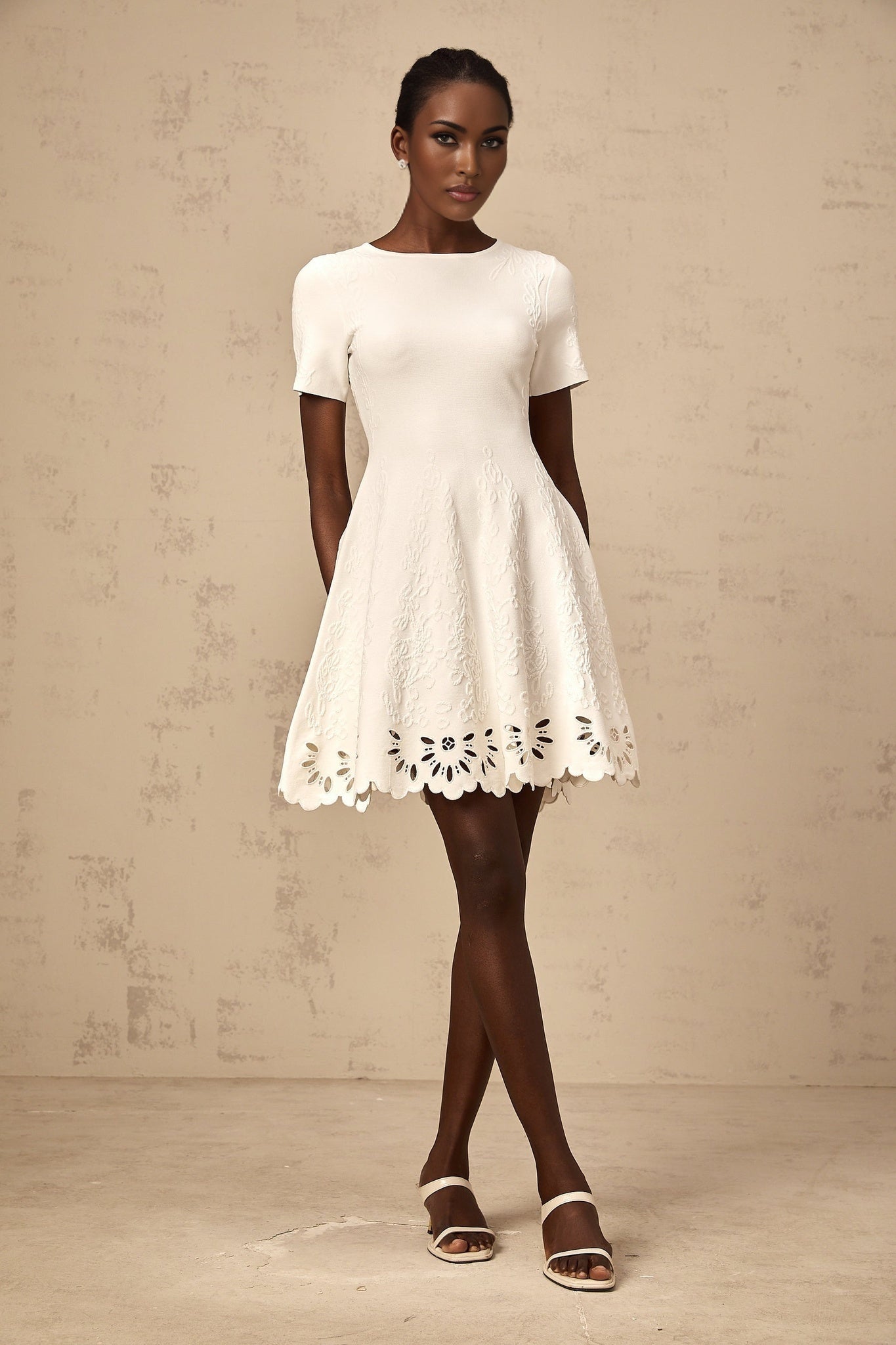 Macy Mini Dress Jacquard Cut Out Scallop Hem White