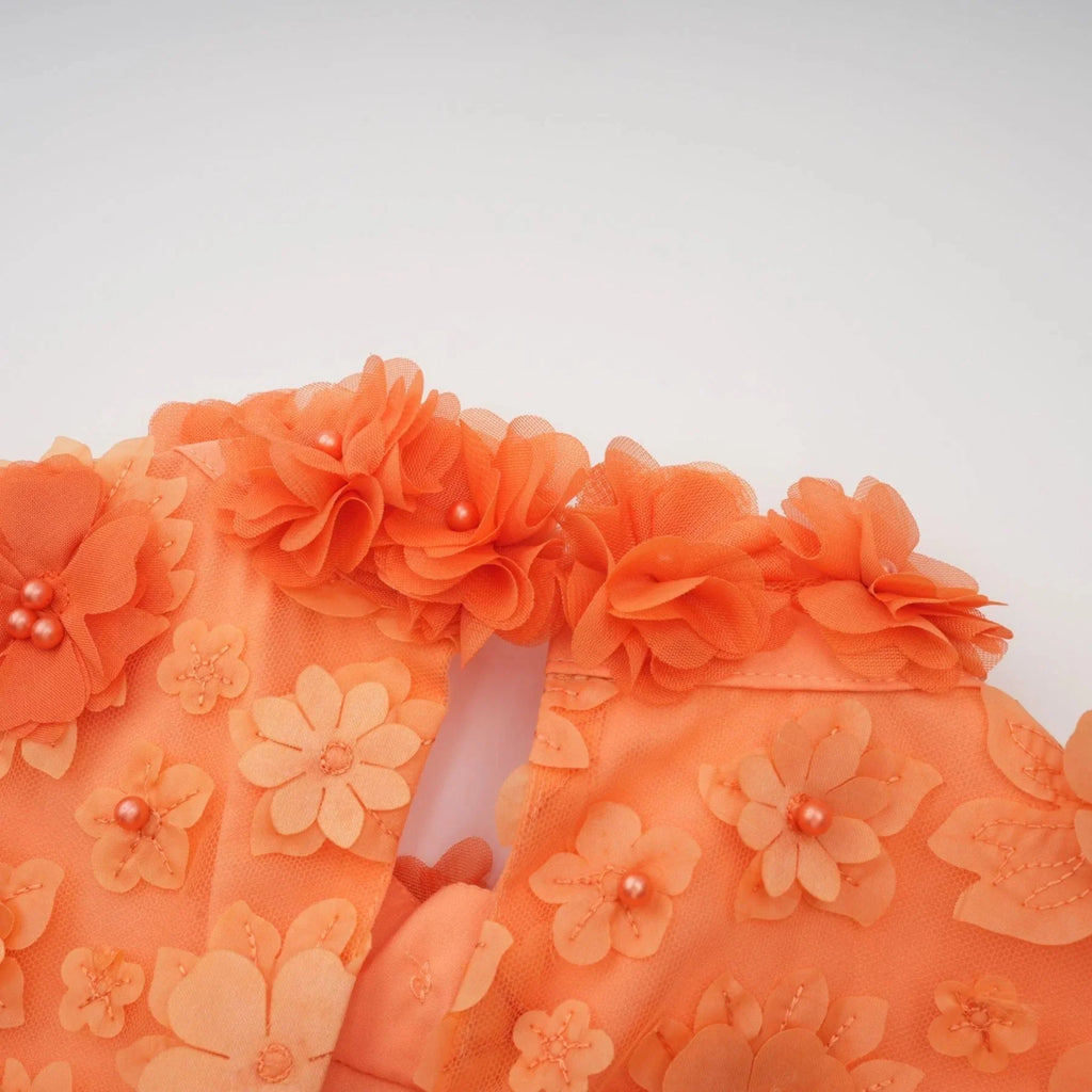 Macy Mini Dress Orange 3D Petal Bead Embellished Keyhole Mini - Length