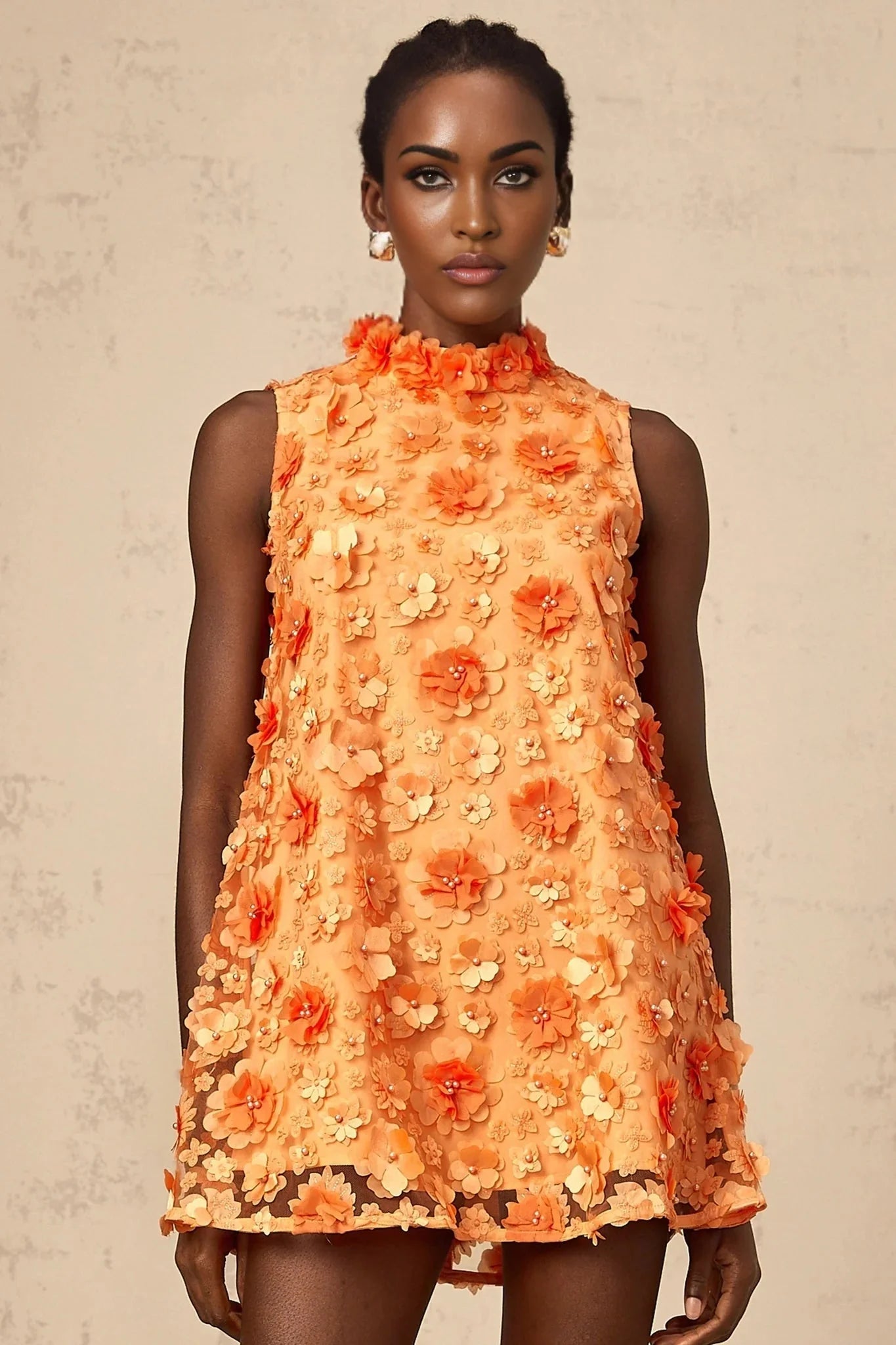 Macy Mini Dress Orange 3D Petal Bead Embellished Keyhole Mini - Length