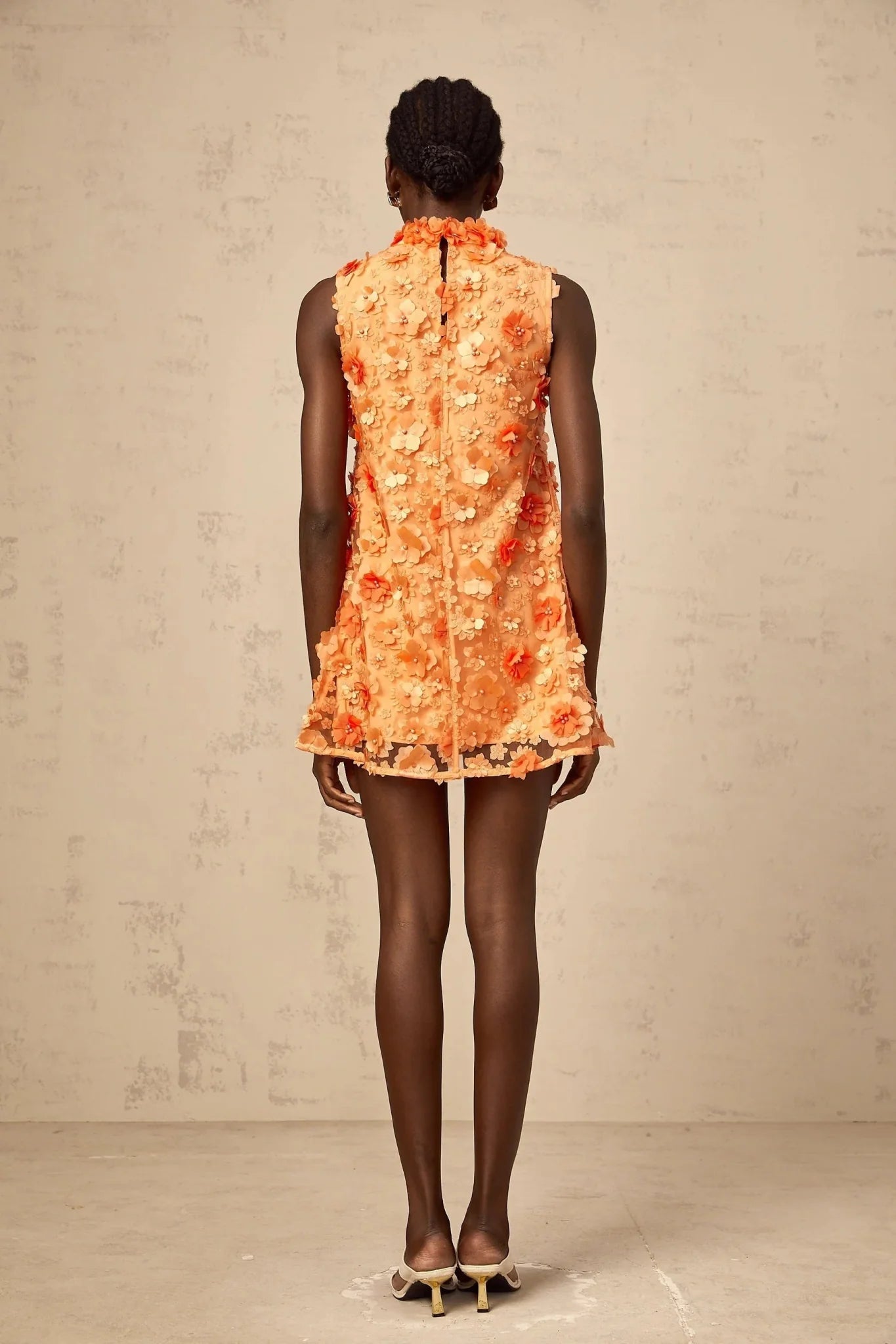 Macy Mini Dress Orange 3D Petal Bead Embellished Keyhole Mini - Length