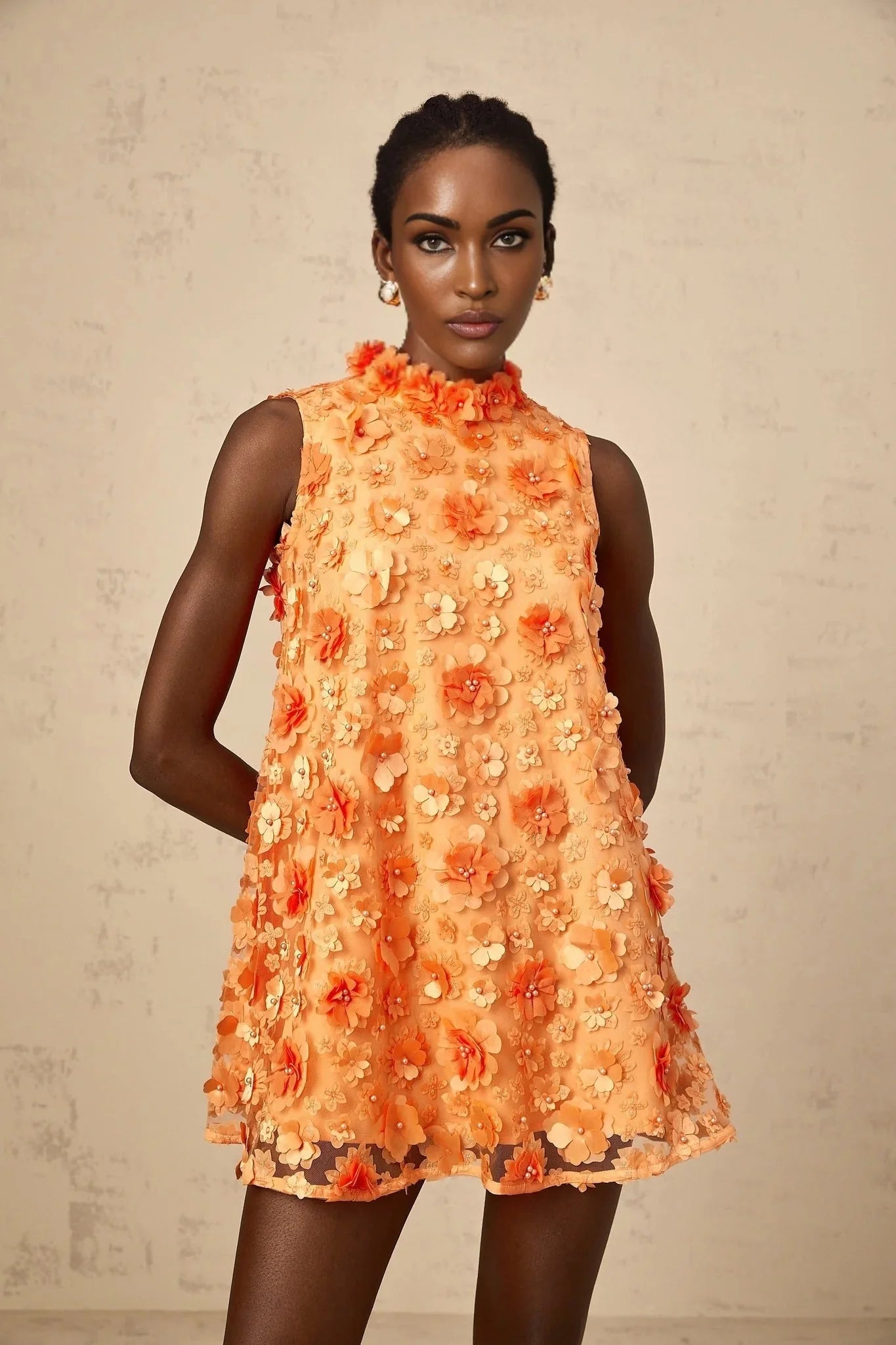 Macy Mini Dress Orange 3D Petal Bead Embellished Keyhole Mini - Length