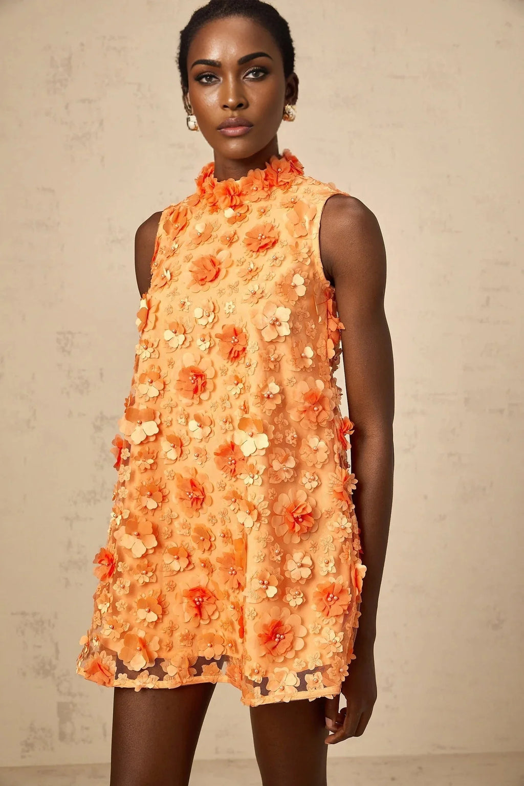 Macy Mini Dress Orange 3D Petal Bead Embellished Keyhole Mini - Length