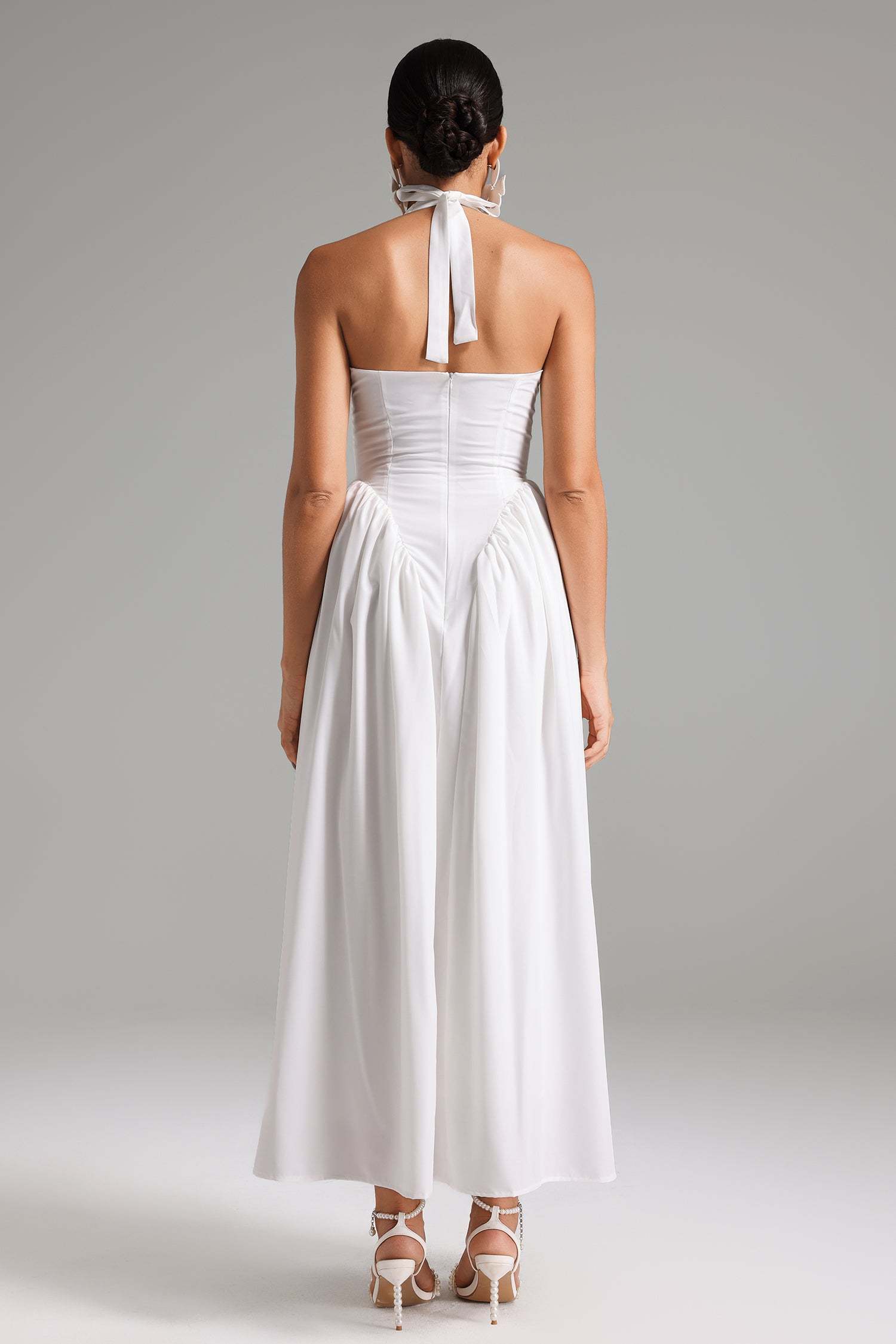 Macy White Halter Neck Maxi Dress V-Neckline Twist Waist Formal Events Designer Detailing Breathable Fabric Wedding Cocktail Party Summer Gala