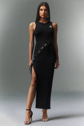 Madalynn Black Bandage Style Dress with Hollowed Out Detailing and High Slit for Evening Out