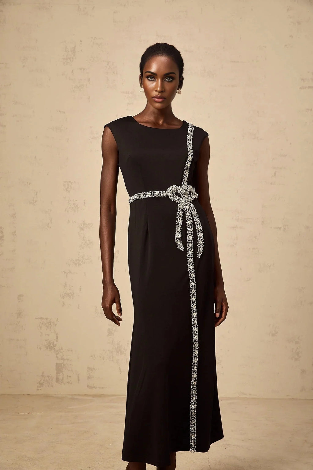 Madalynn Midi Dress Black Crystal Embellished Bowknot Mermaid Hem