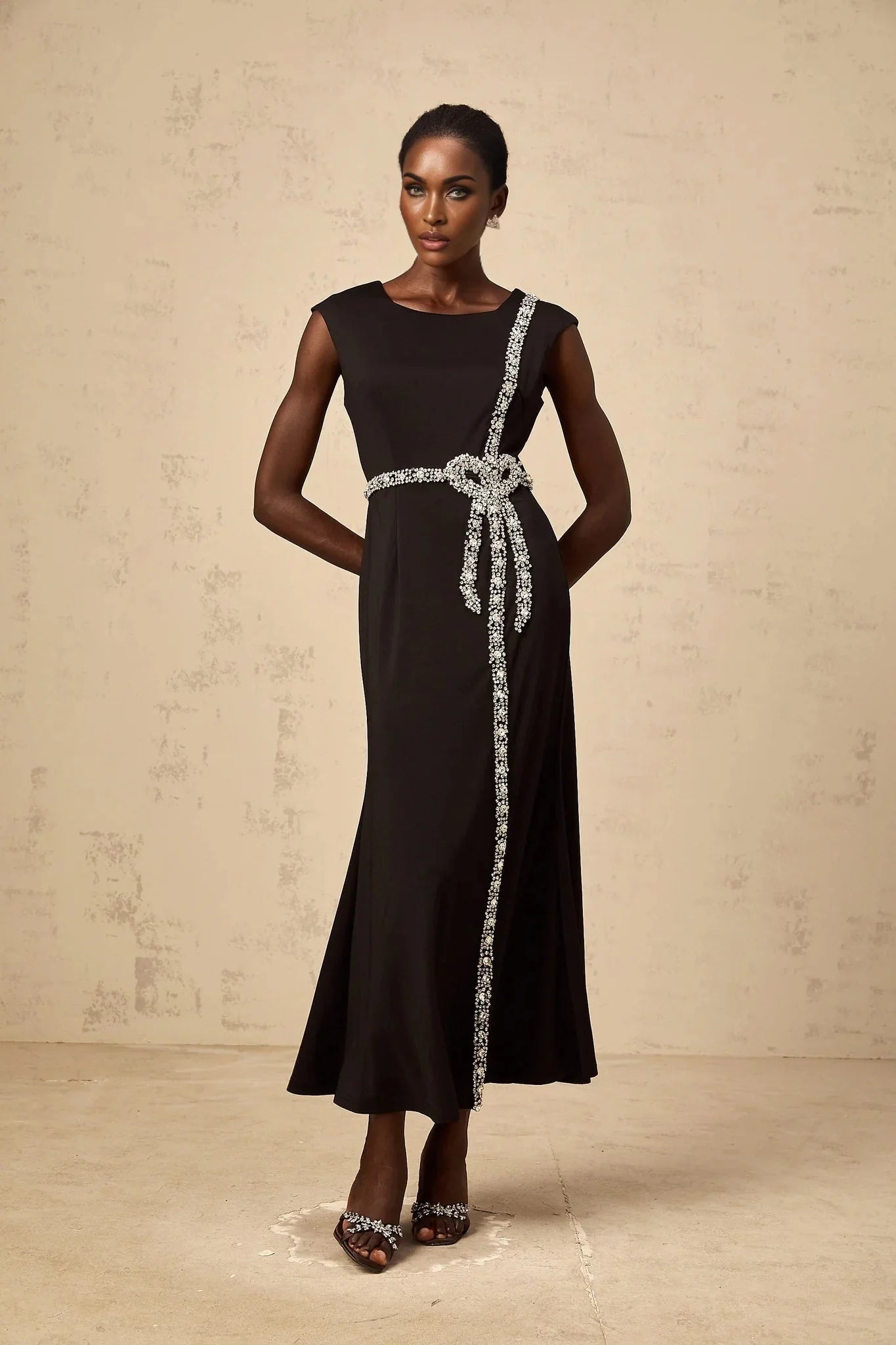 Madalynn Midi Dress Black Crystal Embellished Bowknot Mermaid Hem