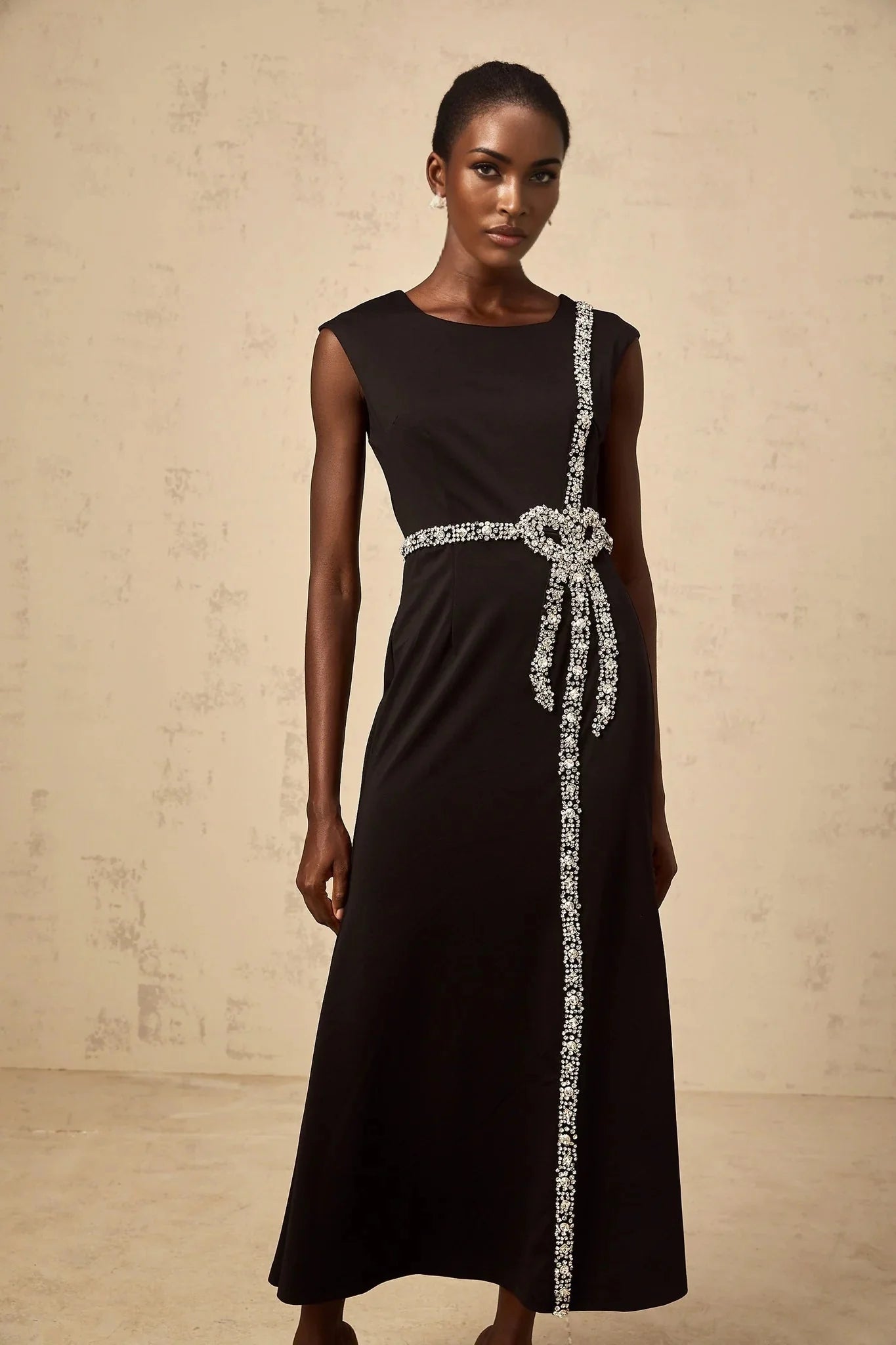 Madalynn Midi Dress Black Crystal Embellished Bowknot Mermaid Hem