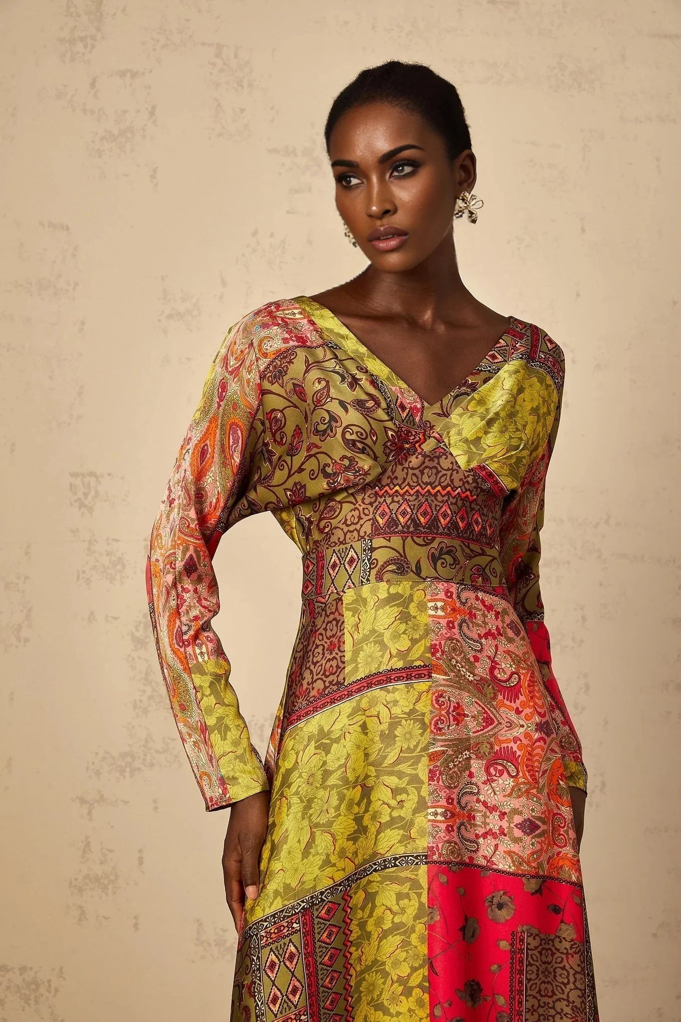 Madalynn Midi Dress Green Pattern Print Flared Maxi Womens