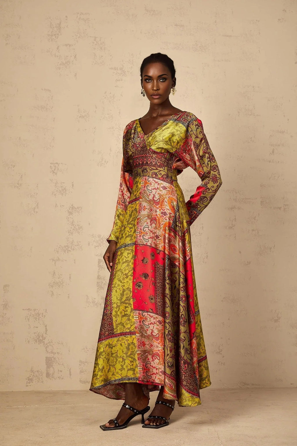 Madalynn Midi Dress Green Pattern Print Flared Maxi Womens