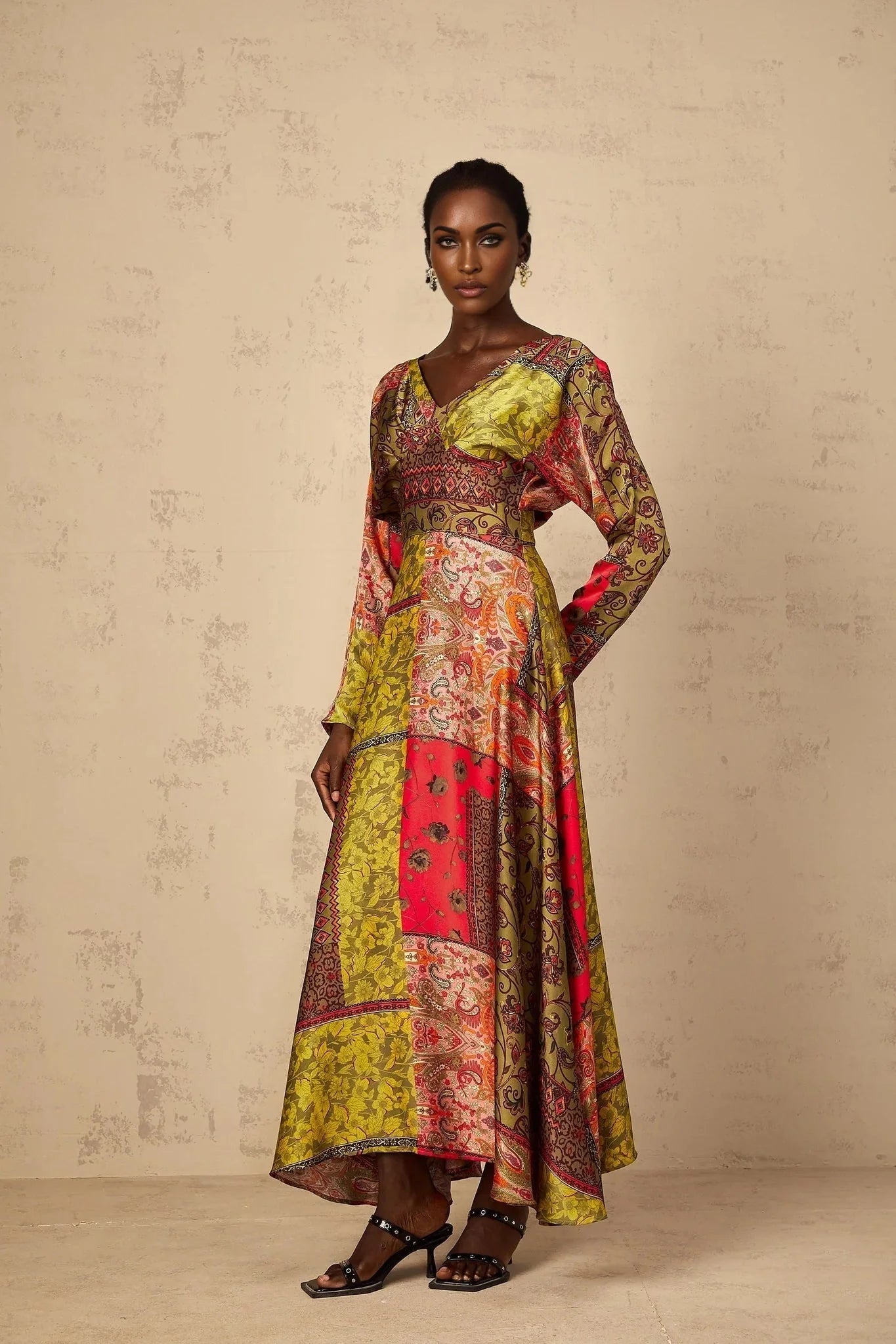Madalynn Midi Dress Green Pattern Print Flared Maxi Womens