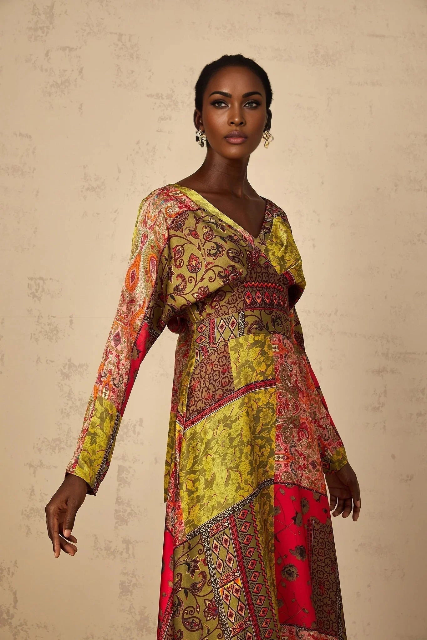Madalynn Midi Dress Green Pattern Print Flared Maxi Womens
