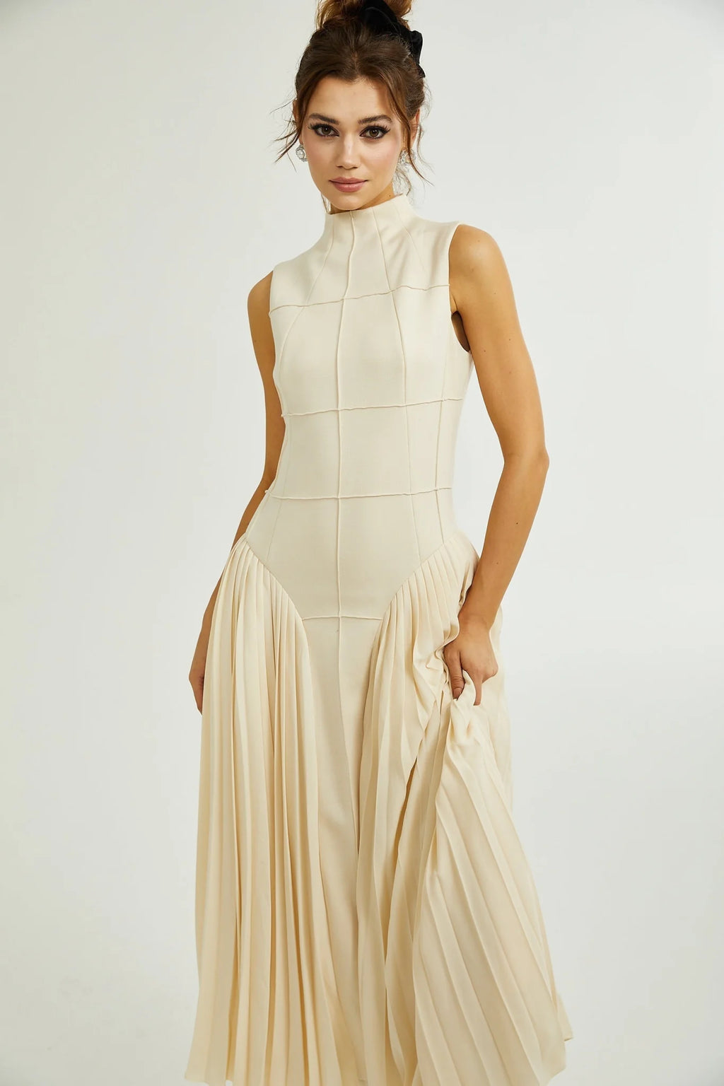 Madalynn Sleeveless Mock Neck Pleated Knitted Midi Dress