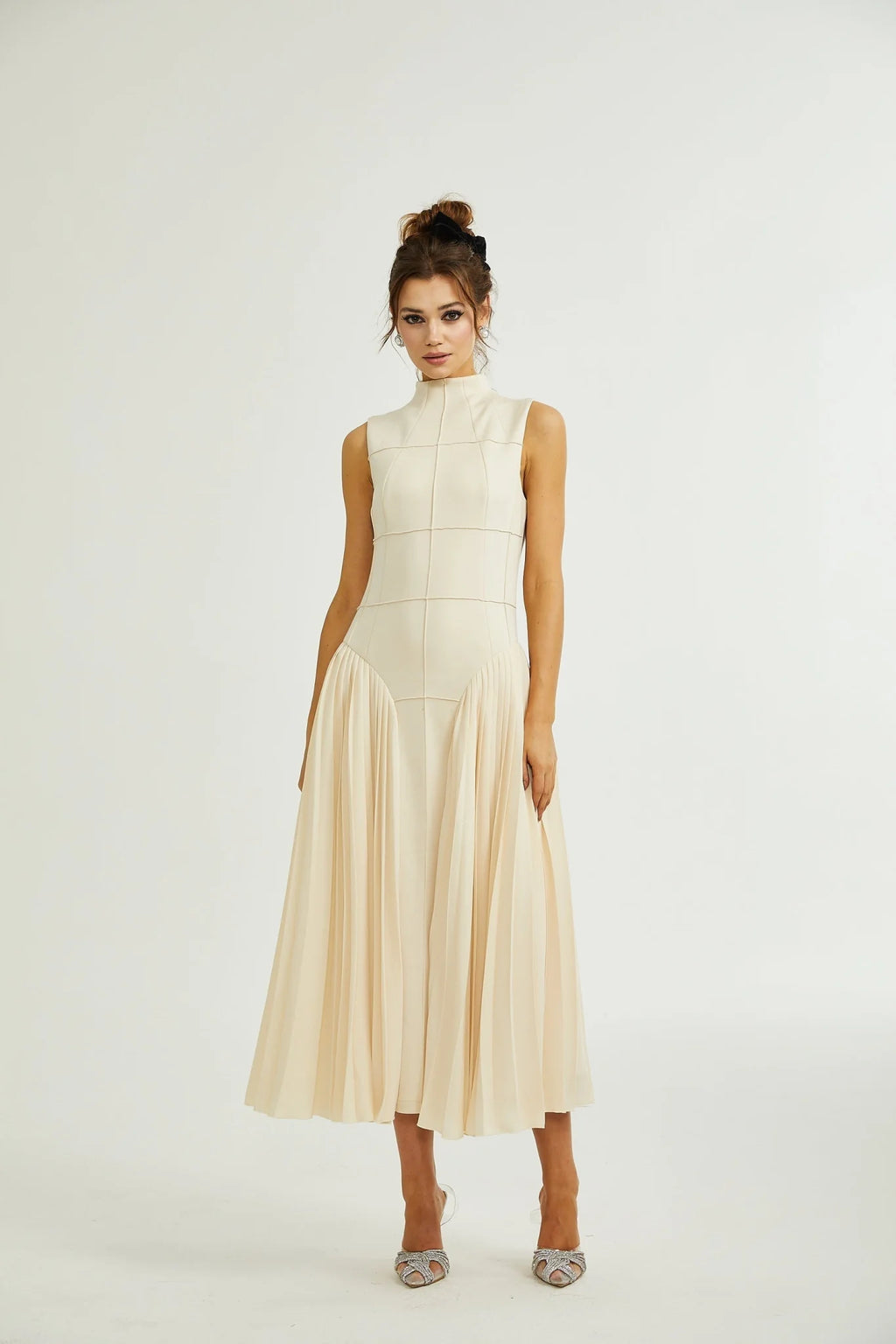 Madalynn Sleeveless Mock Neck Pleated Knitted Midi Dress