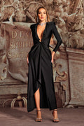 Maddalena Black V Neck Dress with Ring Detailing and High Slit for Evening Events or Formal Occasions