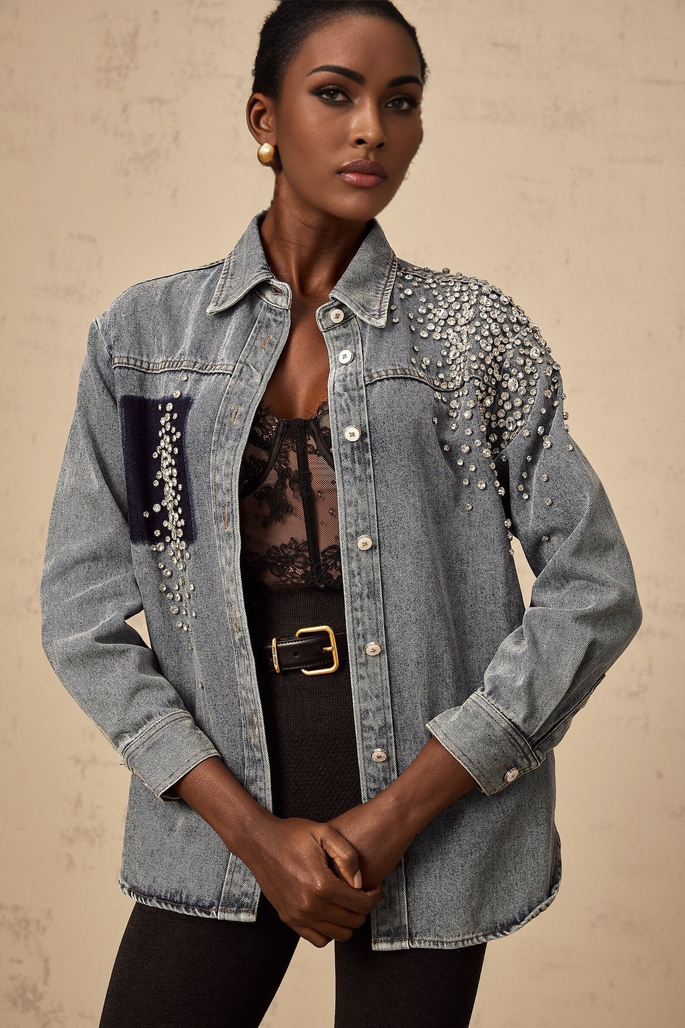 Maddalena Denim Shirt with Rhinestone Embellishments