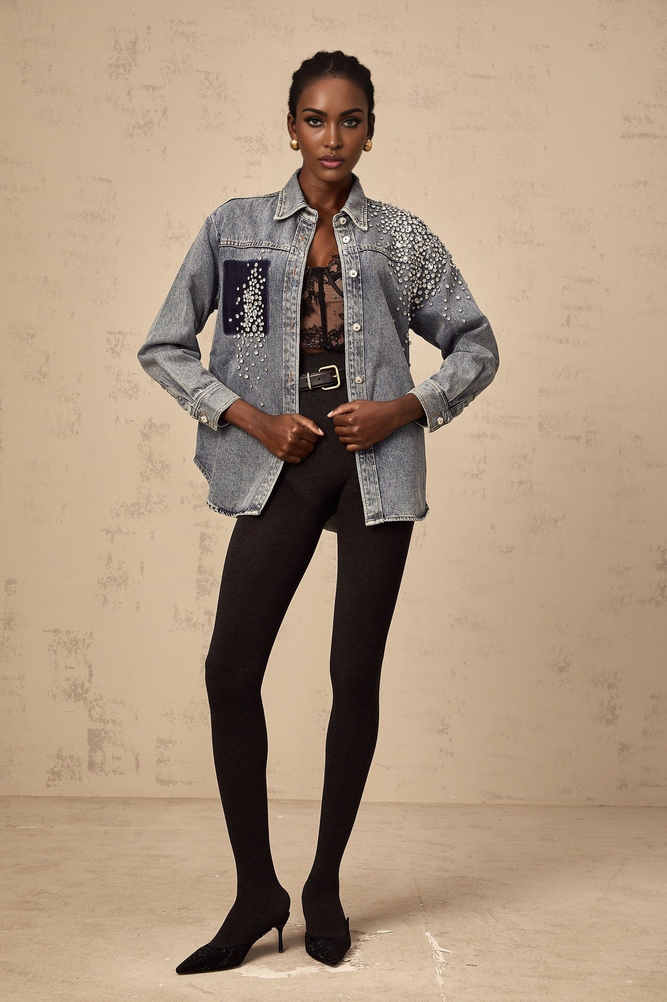 Maddalena Denim Shirt with Rhinestone Embellishments