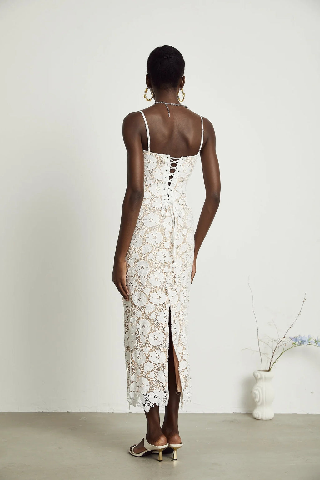 Maddalena Floral Midi Dress with Spaghetti Straps & Rear Tie Fastening