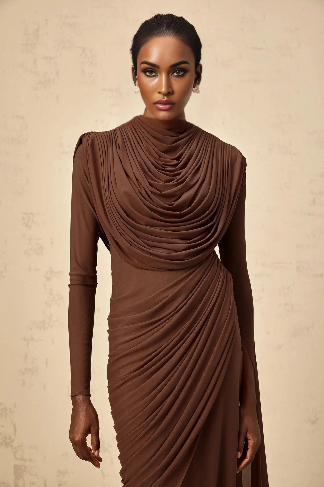 Maddalena Maxi Dress Brown Shirred Draped & Fitted