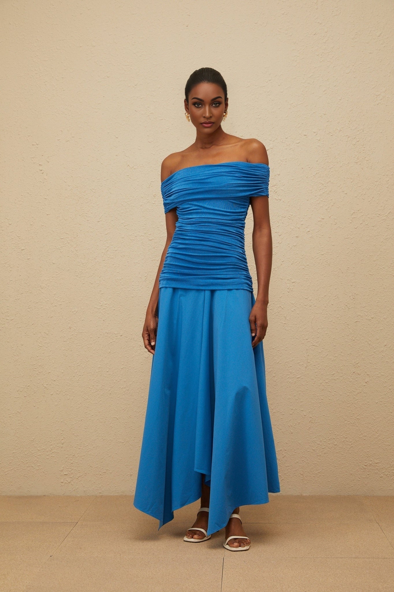 Maddalena Maxi Dress - Off - the - Shoulder - Cinched Waist - Ruched Asymmetrical Hem
