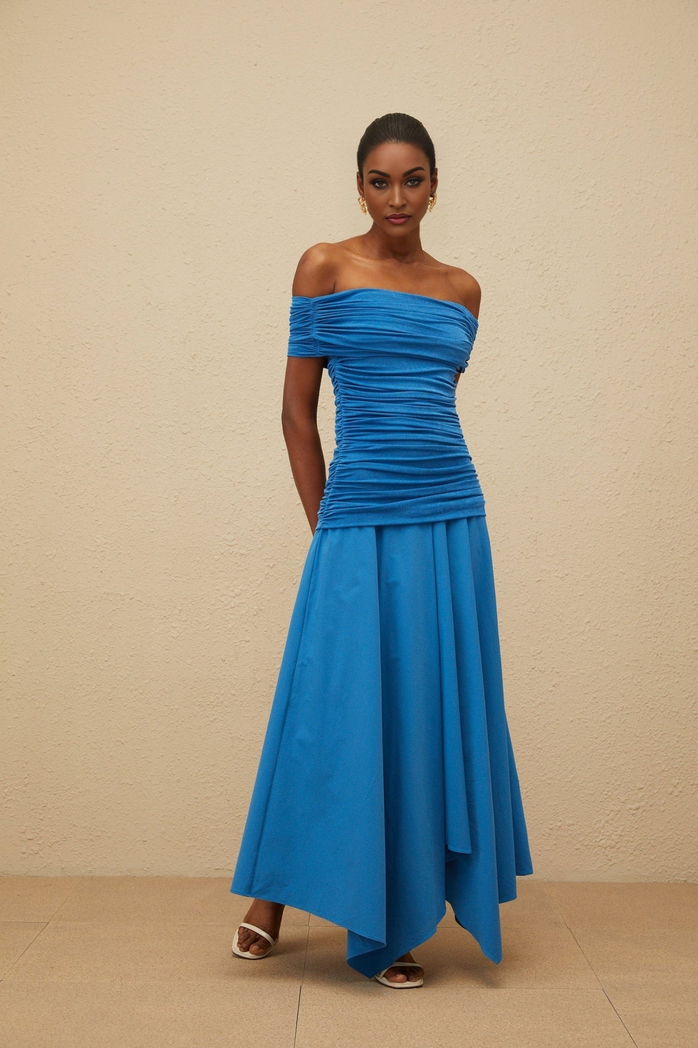 Maddalena Maxi Dress - Off - the - Shoulder - Cinched Waist - Ruched Asymmetrical Hem