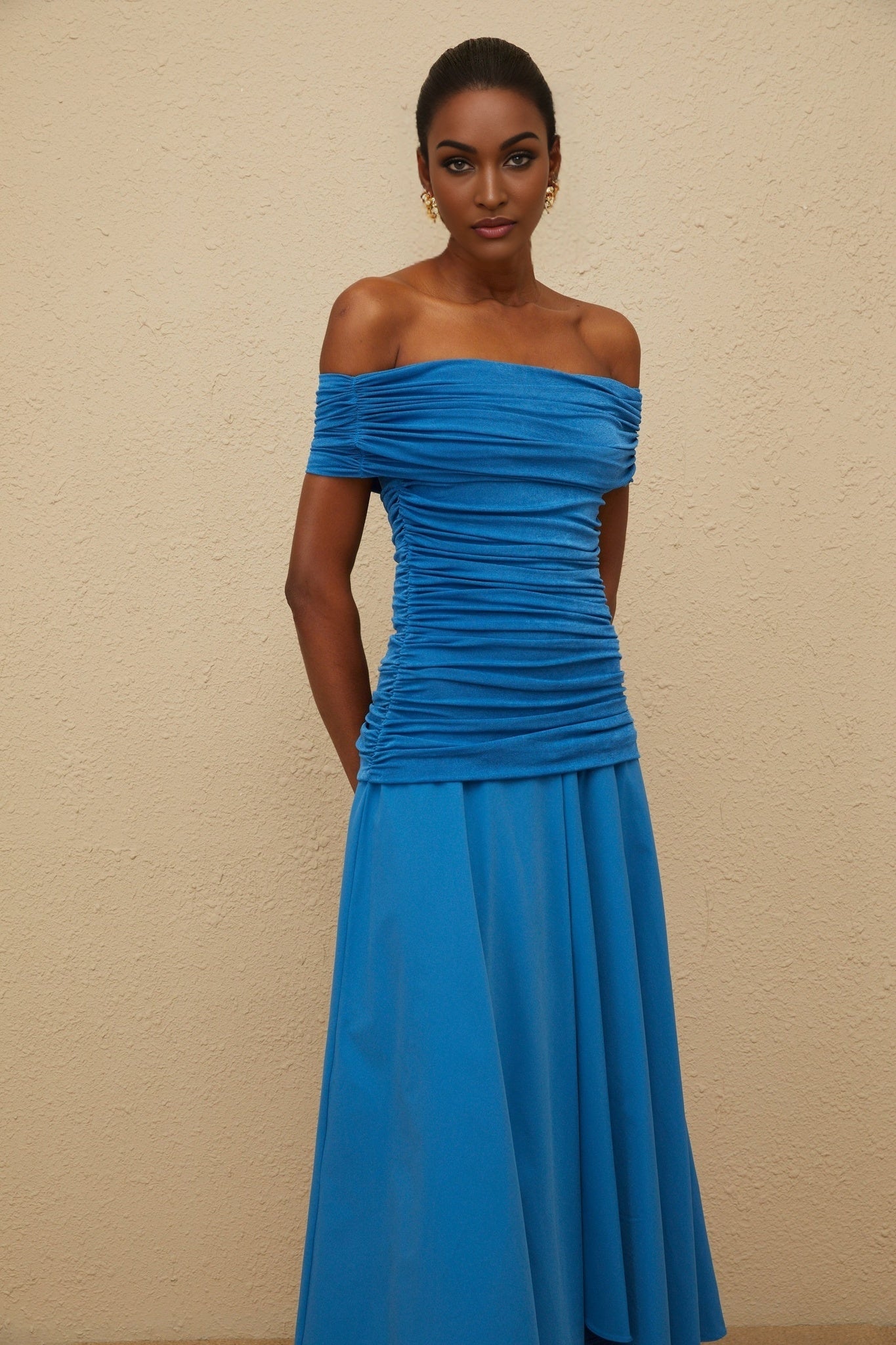 Maddalena Maxi Dress - Off - the - Shoulder - Cinched Waist - Ruched Asymmetrical Hem