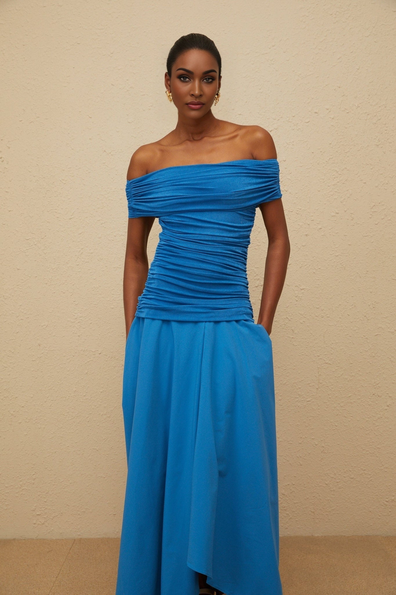 Maddalena Maxi Dress - Off - the - Shoulder - Cinched Waist - Ruched Asymmetrical Hem