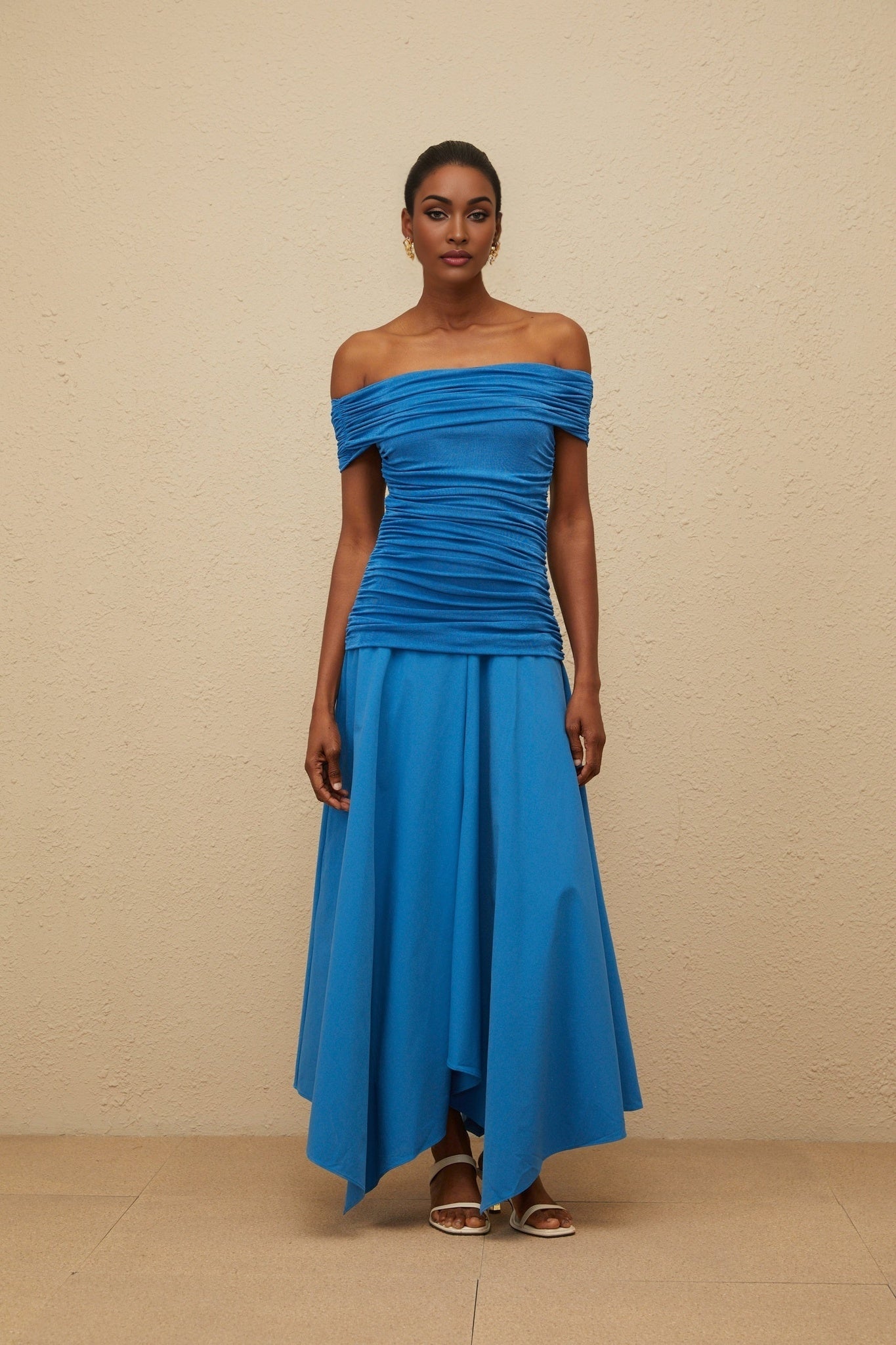 Maddalena Maxi Dress - Off - the - Shoulder - Cinched Waist - Ruched Asymmetrical Hem