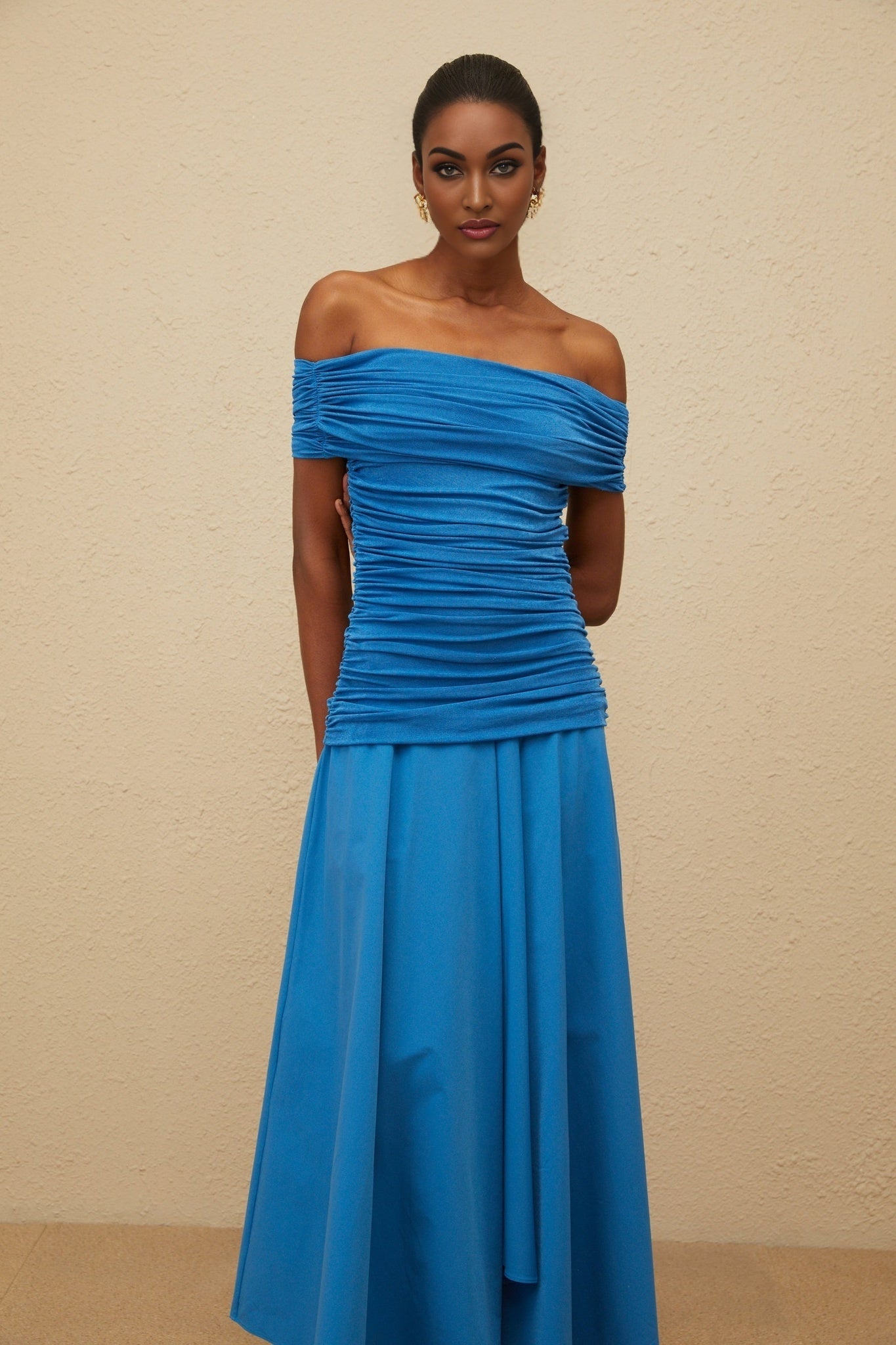 Maddalena Maxi Dress - Off - the - Shoulder - Cinched Waist - Ruched Asymmetrical Hem