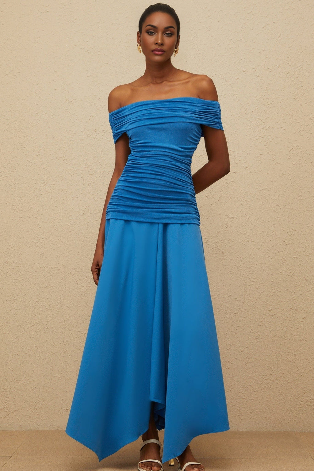 Maddalena Maxi Dress - Off - the - Shoulder - Cinched Waist - Ruched Asymmetrical Hem