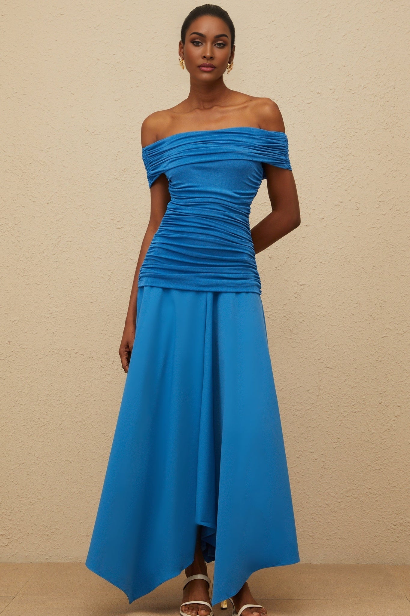 Maddalena Maxi Dress - Off - the - Shoulder - Cinched Waist - Ruched Asymmetrical Hem