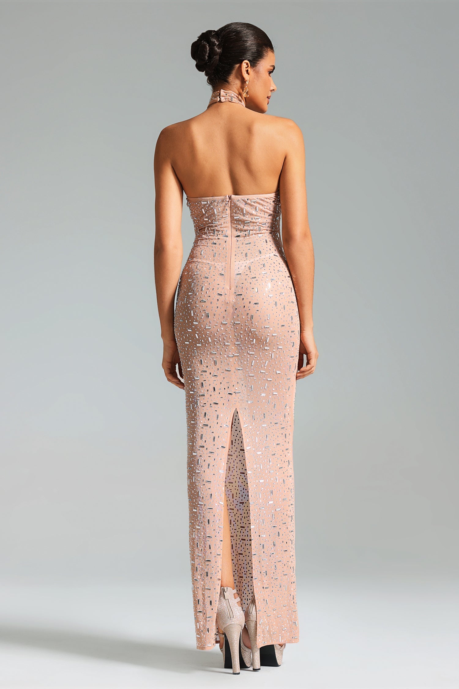 Maddalena Nude Halter Neckline Fitted Dress with Shimmering Accents and High Slit