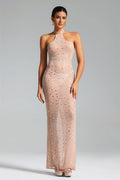 Maddalena Nude Halter Neckline Fitted Dress with Shimmering Accents and High Slit for Evening Outings or Special Occasions