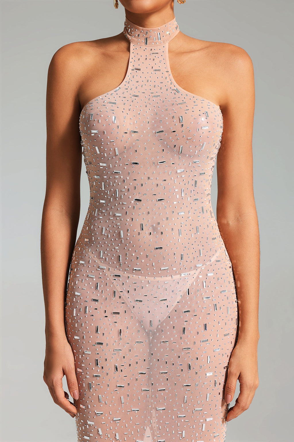 Maddalena Nude Halter Neckline Fitted Dress with Shimmering Accents and High Slit