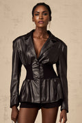 Madeline Jacket - Faux Leather - Peak Lapels - Flared Hem - Buttoned Cuffs