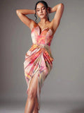 Madeline Midi Dress - Asymmetrical Neck - High Waist - Ruched Details - Tie Dye Pattern - Elegant Style