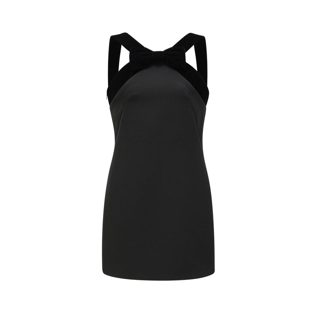 Madelyn Mini Dress Black Wool Velvet Bow Low Back