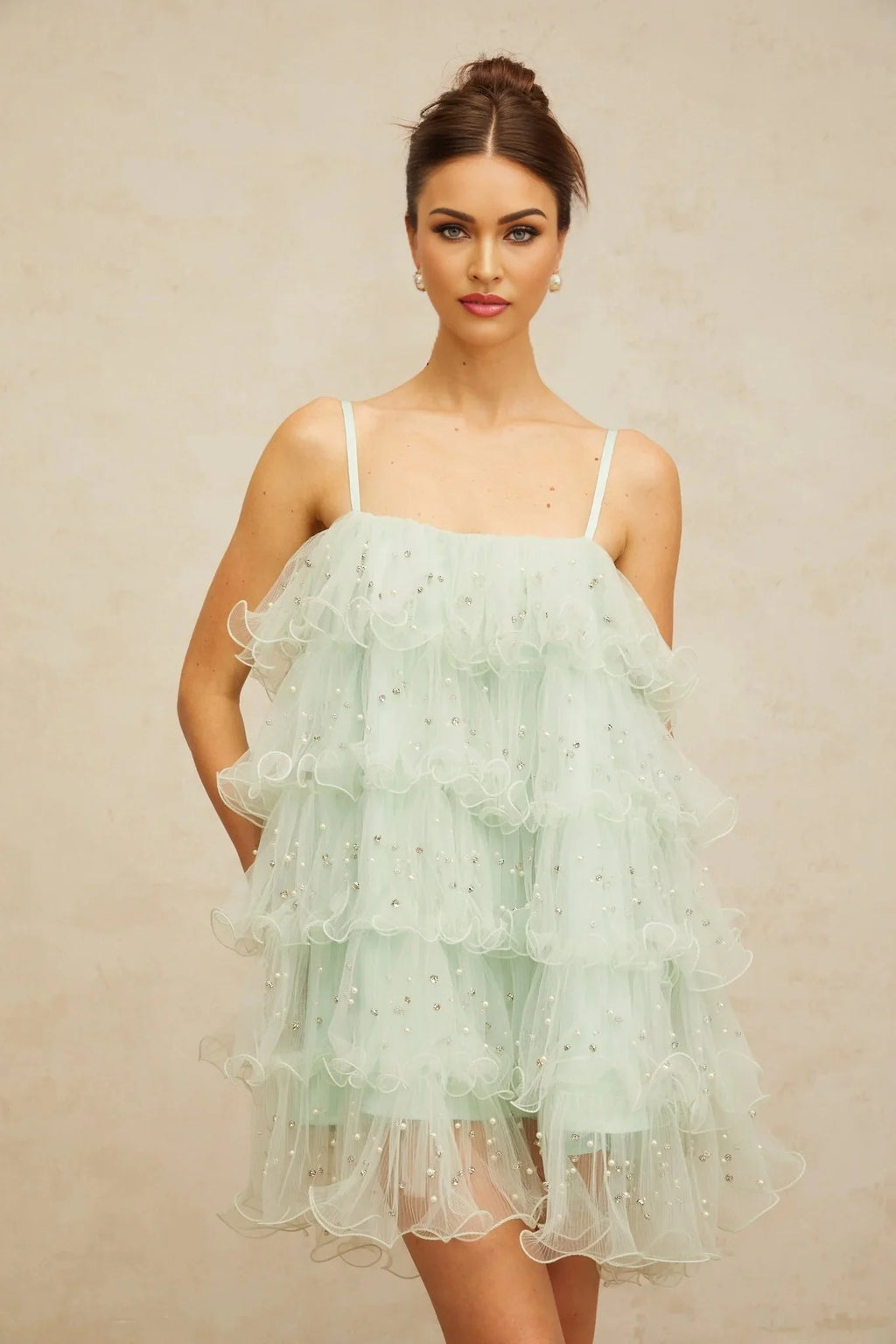 Madelyn Mini Dress Green Tulle Tiered Embellished