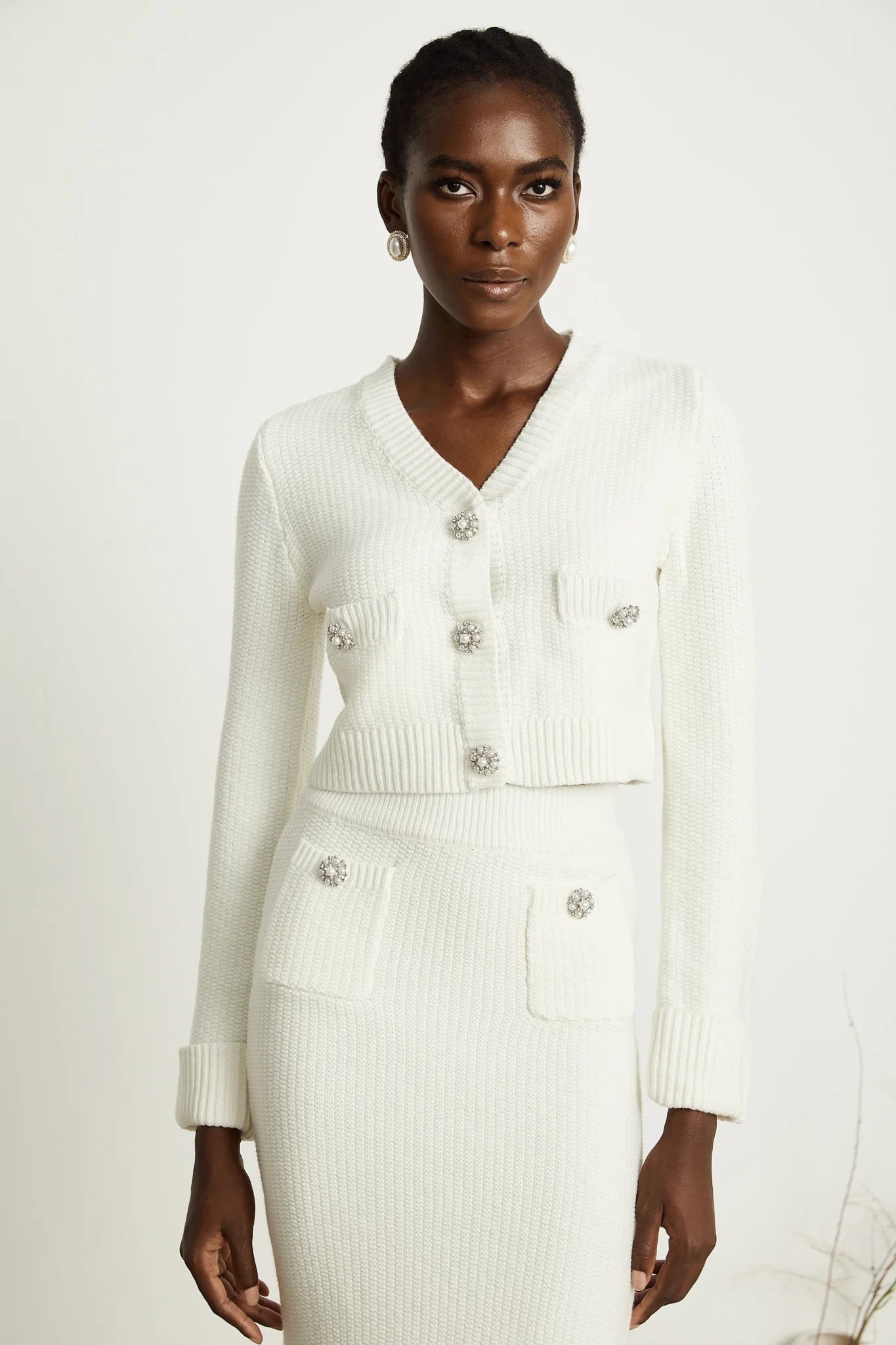 Madisyn Cardigan & Skirt Crystal Button Knit Set