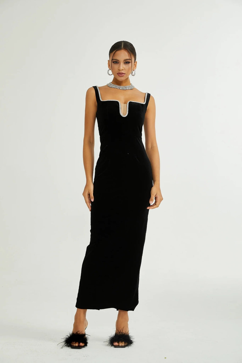 Madisyn Midi Dress Black U - neck Crystal Embellished Zip Fastening