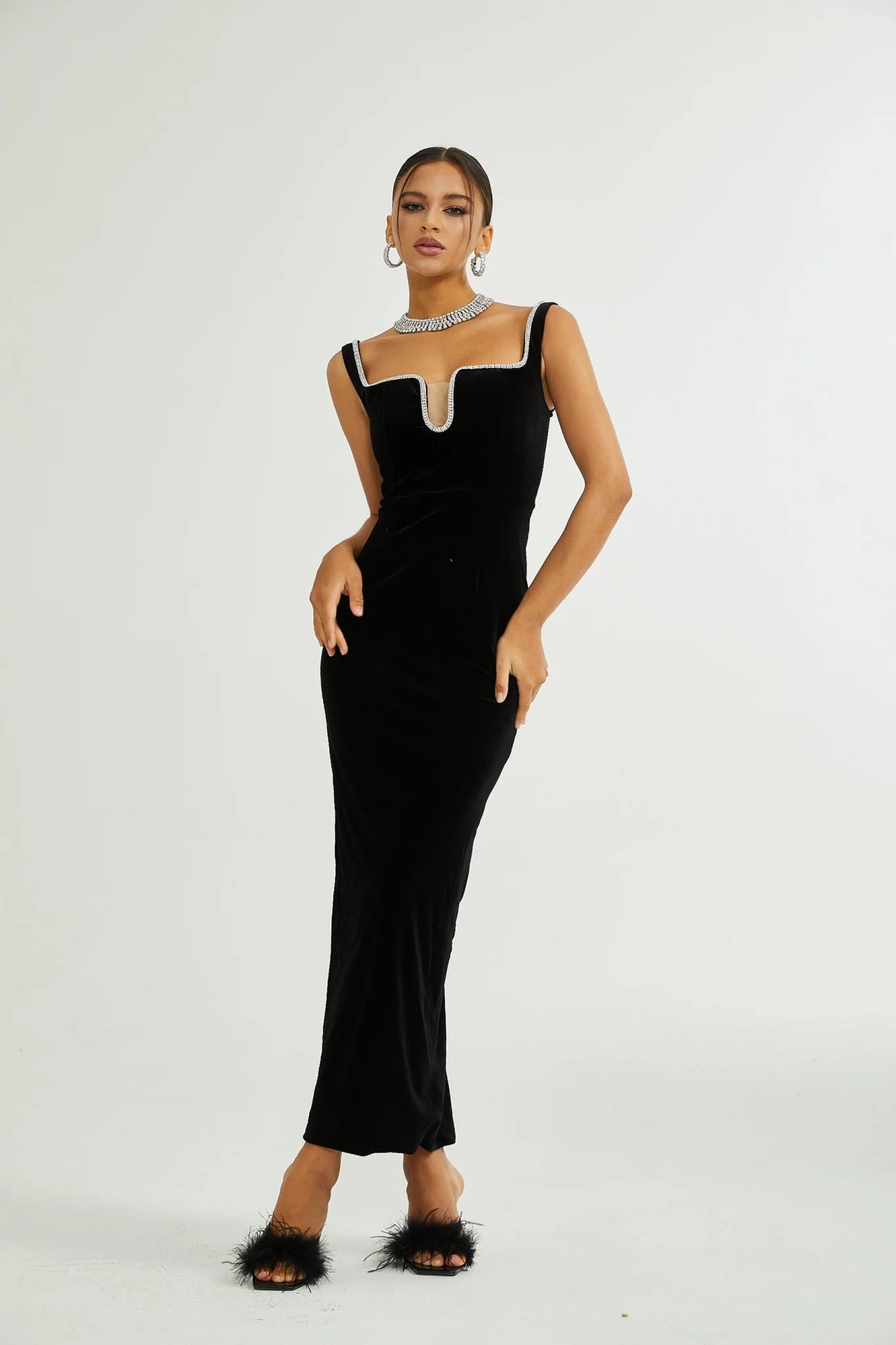 Madisyn Midi Dress Black U - neck Crystal Embellished Zip Fastening