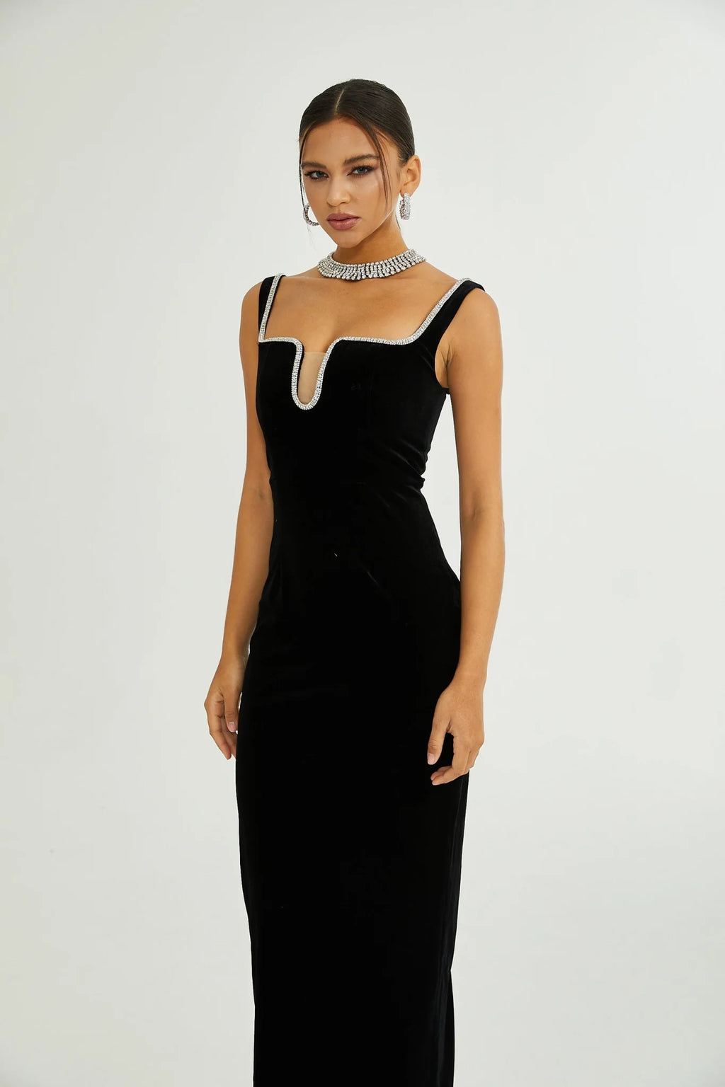 Madisyn Midi Dress Black U - neck Crystal Embellished Zip Fastening