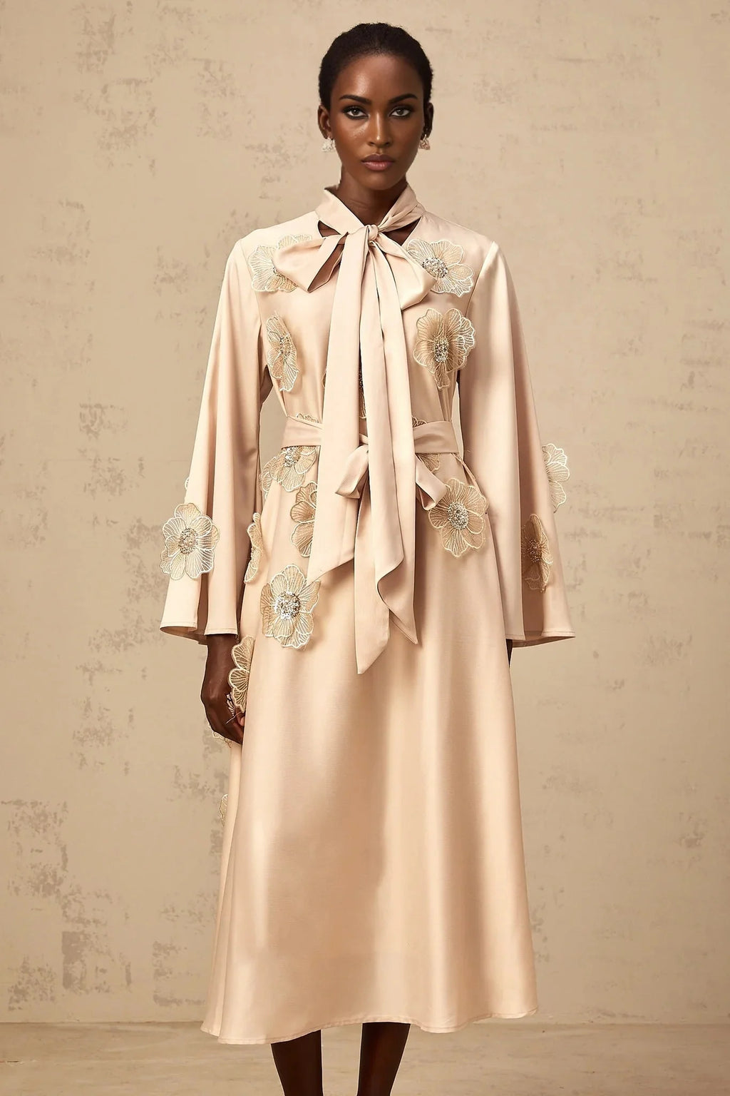 Madisyn Midi Dress Floral Appliqu Beaded Sequin A - Line Runway Fashion